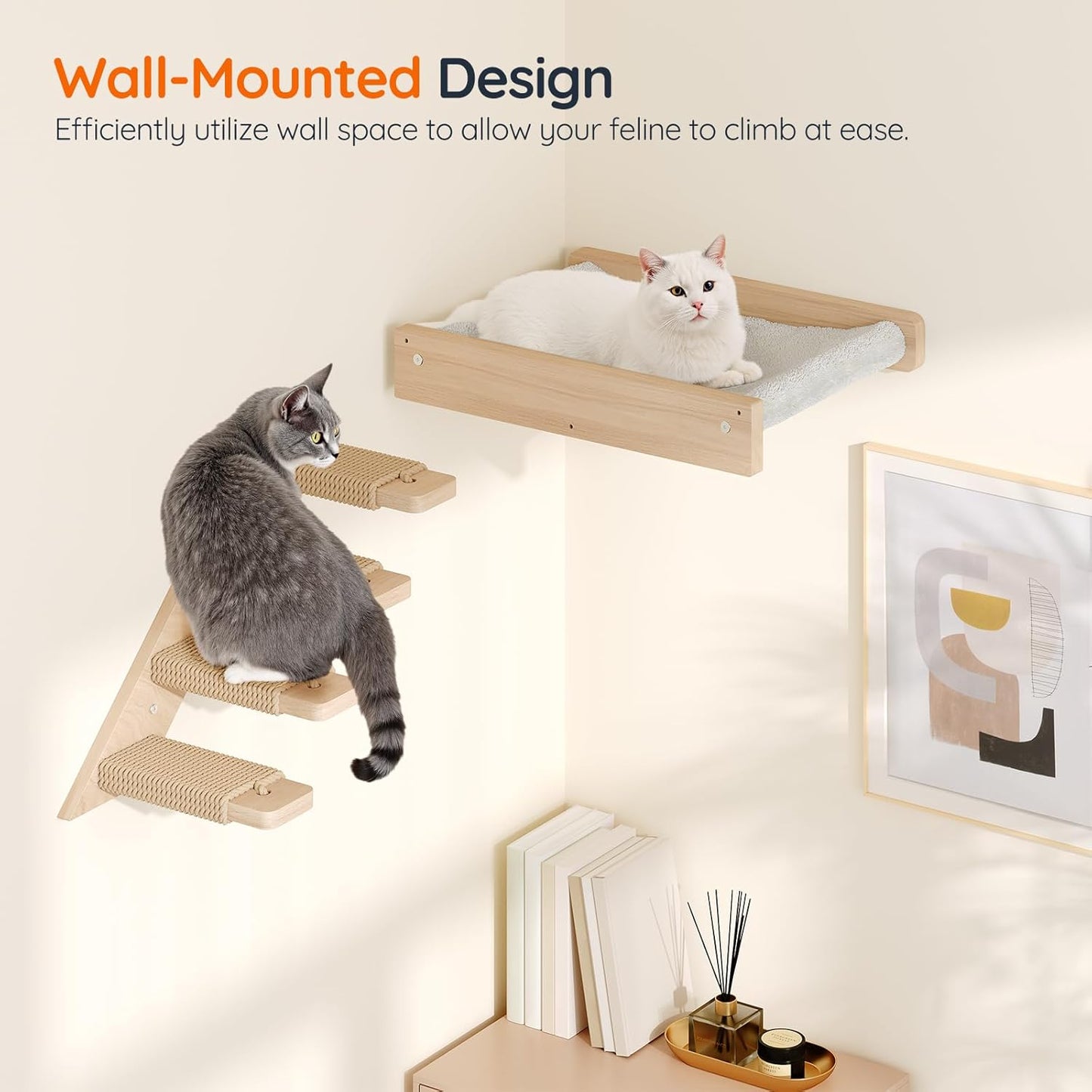 HOOBRO Cat Wall Shelf Set of 2, Wall Mounted 4-Level Cat Steps with Jute Scratching Steps, Hammock Wall Mounted, Holds up to 40 lb, Cat Wall Furniture, for Playing, Natural NL41CS03