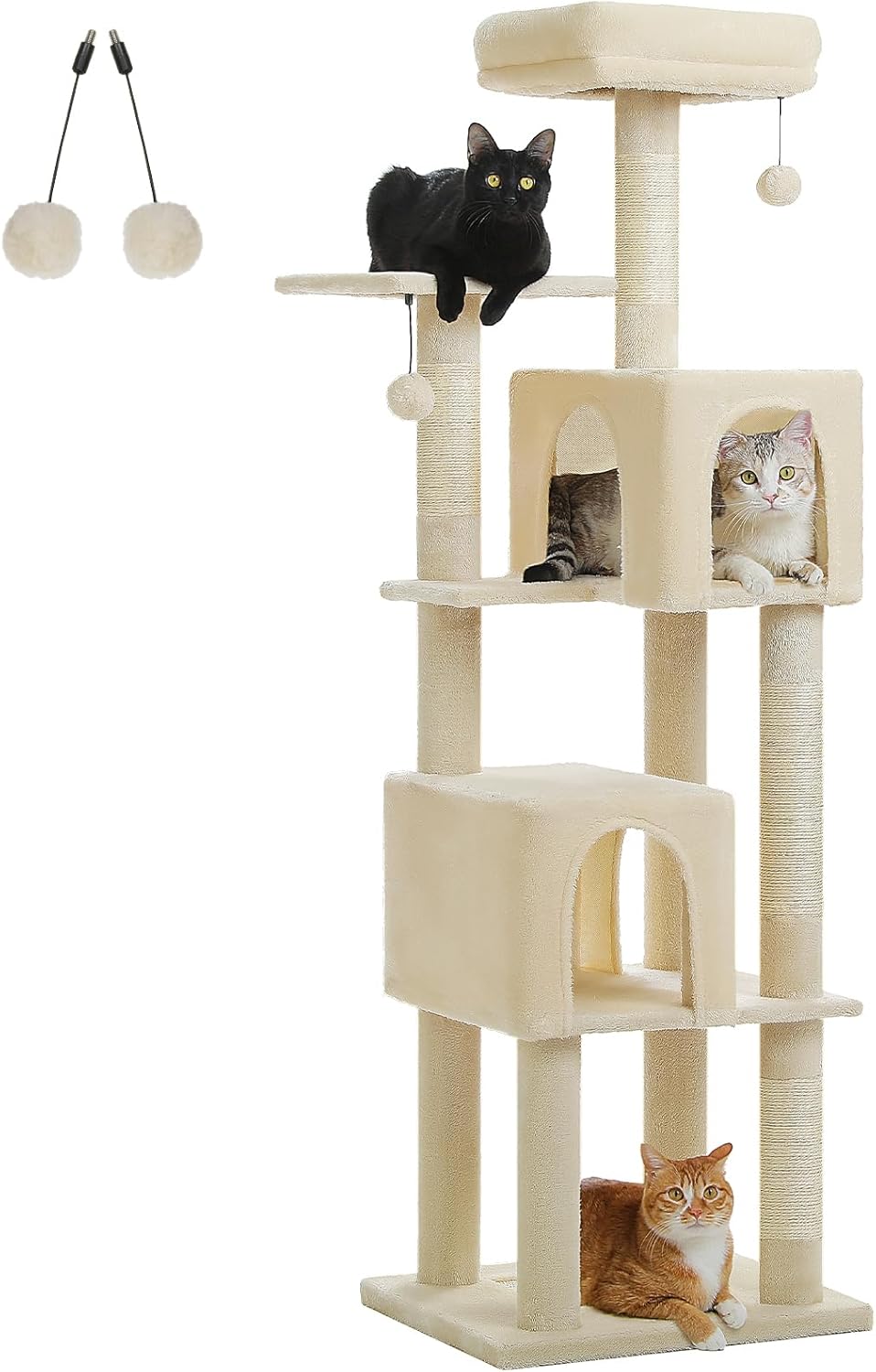 Cat Tree for Indoor Cats, Multi-Level Cat Tower with Sisal Scratching Posts, Padded Platform, Multi-Level Cat Condo w/Soft Bed & Scratching Pad, 2 Pompoms, Sturdy Base, Beige