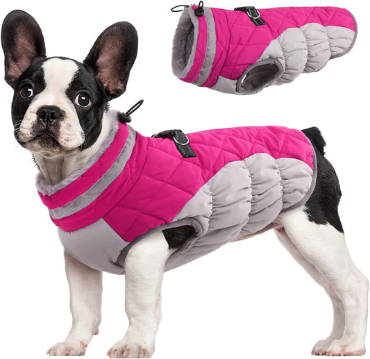 FUAMEY Dog Coat for Small Dogs,Waterproof Dog Winter Jacket with Harness Built in Puppy Cold Weather Coats Reflective Pet Vest with Zipper Warm Fleece Dogs Snowsuit Windproof Pink S