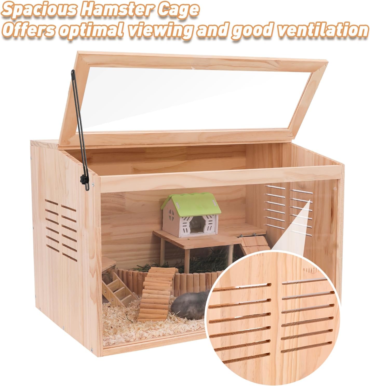 Wooden Hamster Cage,24" Lx16 Wx16 H,Animal Cabinet for Dwarf Syrian Hamsters Degus, Hamster Habitat with Openable Top and Large Acrylic Sheets.