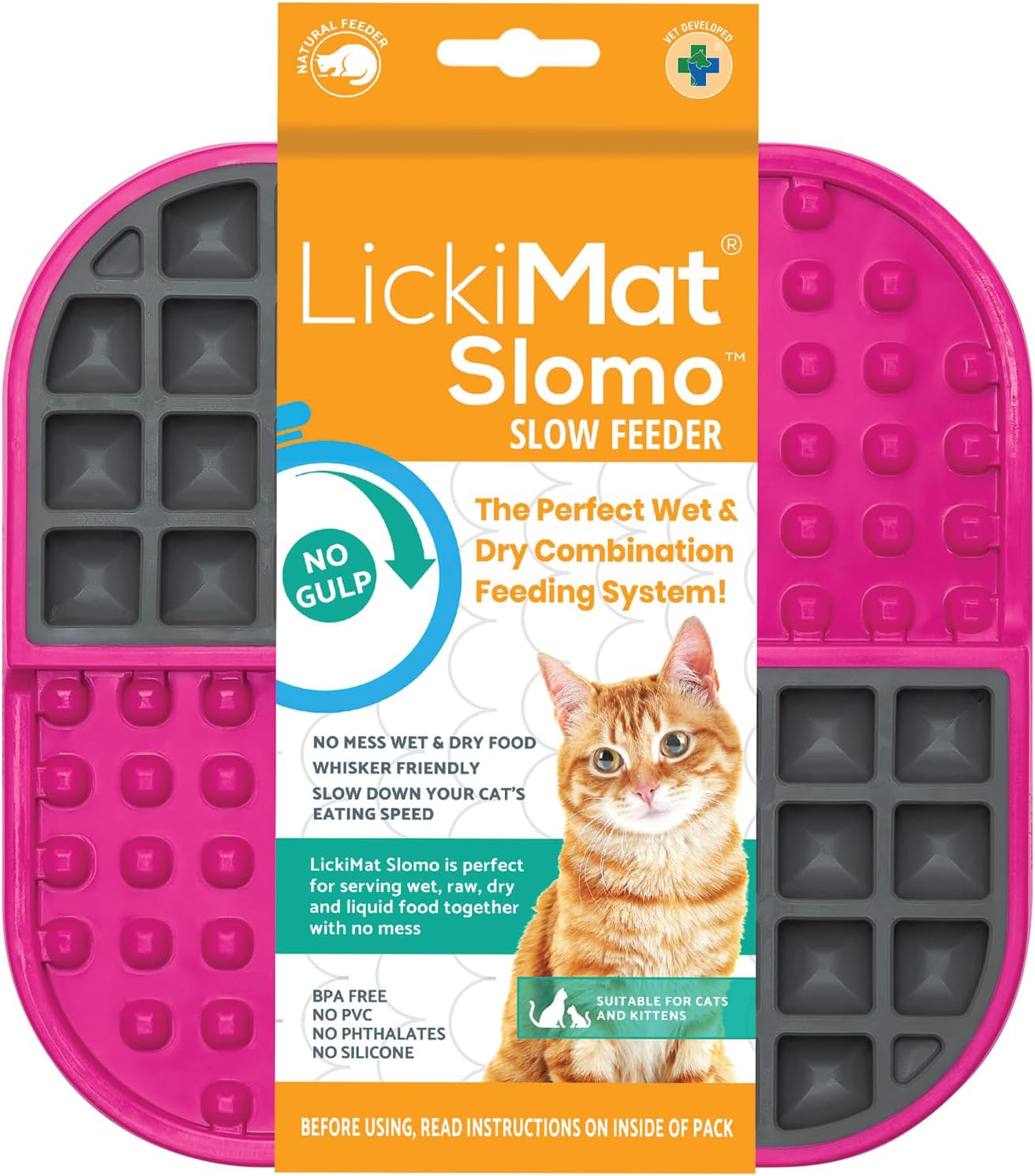 LickiMat Slomo, Cat Slow Feeder Lick Mat, Boredom Anxiety Reducer; Perfect for Food, Treats, Yogurt, or Peanut Butter. Fun Alternative to a Slow Feed Cat Bowl or Dish, Pink