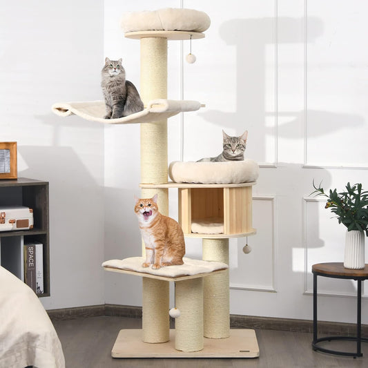 PETSITE 68.5" Tall Cat Tree, Multi-Level Modern Cat Tower with Sisal Scratching Posts, Top Perch, Cat Condo, Hammock, Jingling Balls, and Washable Cushions, Cat Tree Tower for Indoor Cats Large Adult