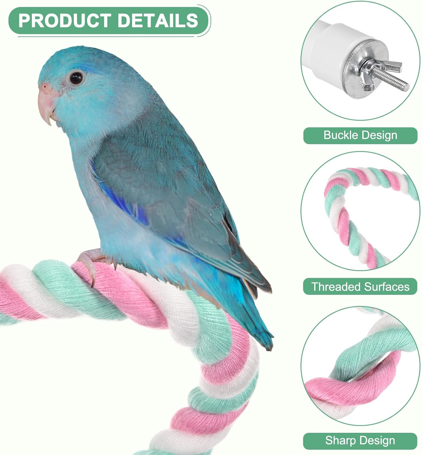 2-Pack Rope Perches for Bird Cages, 13.8 in Length Comfort Grip Flexible Rope Perch Beak & Paw Grinding for Parrots/Cockatiels/Parakeets, Bird Platform Sand [Pink Cyan]