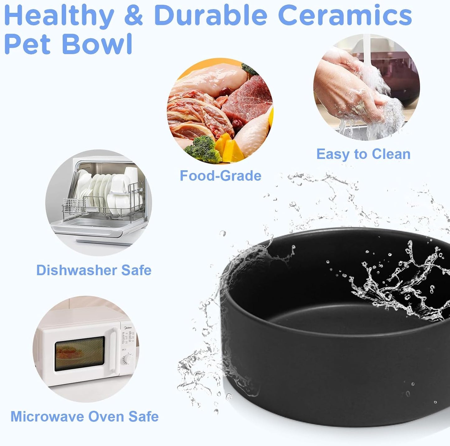 SPUNKYJUNKY Ceramic Elevated Dog Bowls Raised with Acacia Bamboo Wooden Stand, 8.3'' Dog Food Water Bowls Set Non-Slip for Medium Large Sized Breed Microwave Dishwasher Safe - 60 OZ,Black