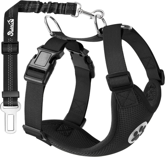 SlowTon Dog Seat Belt Harness for Car, Dog Car Harness Adjustable Mesh Breathable & Dog Seatbelt Safety Tether with Elastic Bungee for Small Medium Large Pets(Black, Single Clip, XXS)