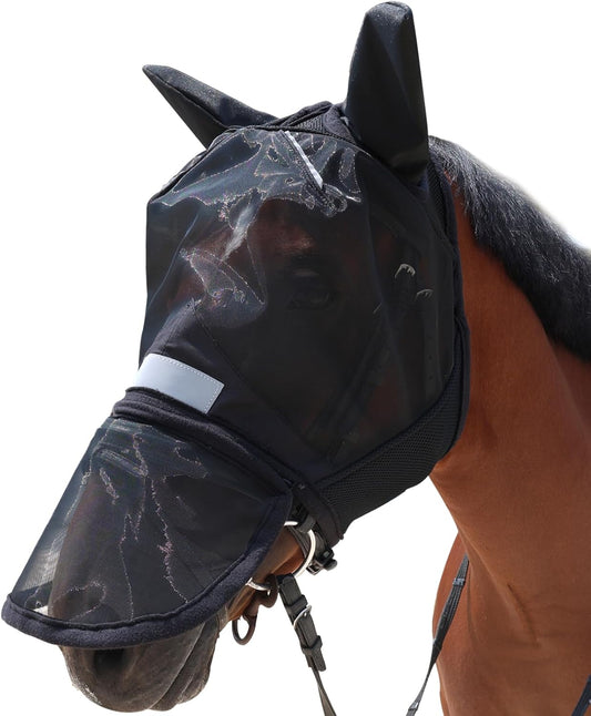 Luminous Horse Fly Mask with Long Nose, Ears, Full Face & Eye Protection - Full Mesh, Detachable Nose Cover, Fleece Padded Edging, Hook-and-Loop Straps with Webbing, Hanging Straps Black