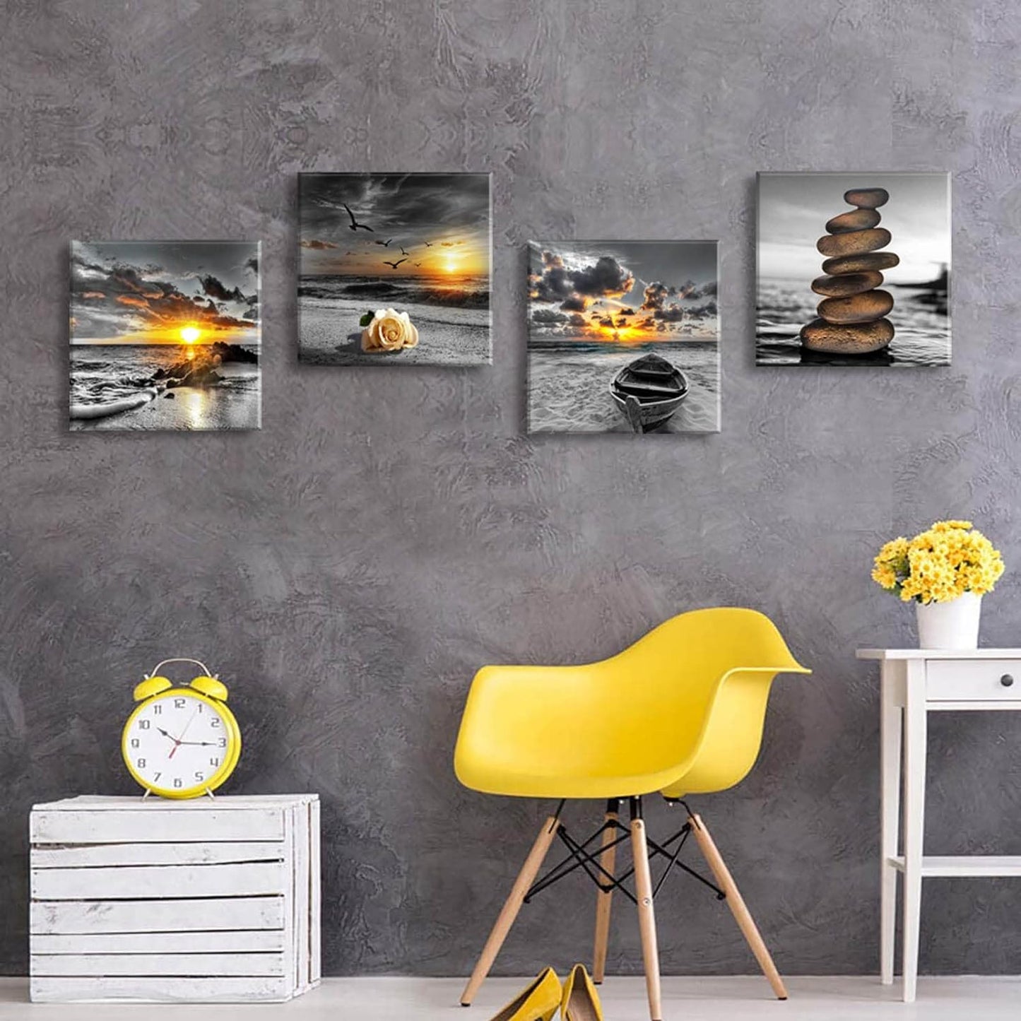 Yxbhhym Black and White Gold Beach Wall Art Ocean Canvas Seascape Prints Posters Zen Wall Decor Sea Sunrise Scenery Wall Pictures Coastal Paintings for bathroom Wall Art Framed -12"x12"inches x 4 pcs