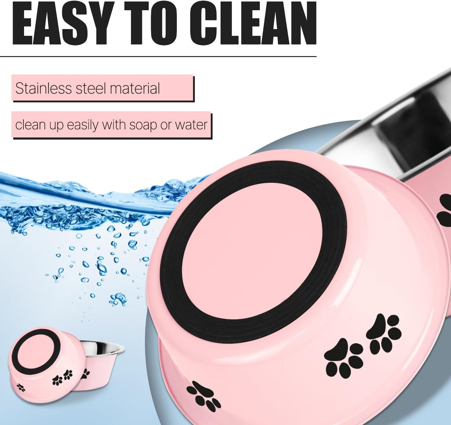 Stainless Steel Dog Bowls, Nonslip Rubber Bottom No Spill Proof Skid Metal Insulated Dog Bowls for Large Medium Small Breed Dogs (Pink, 6.6 Cups/53 OZ)