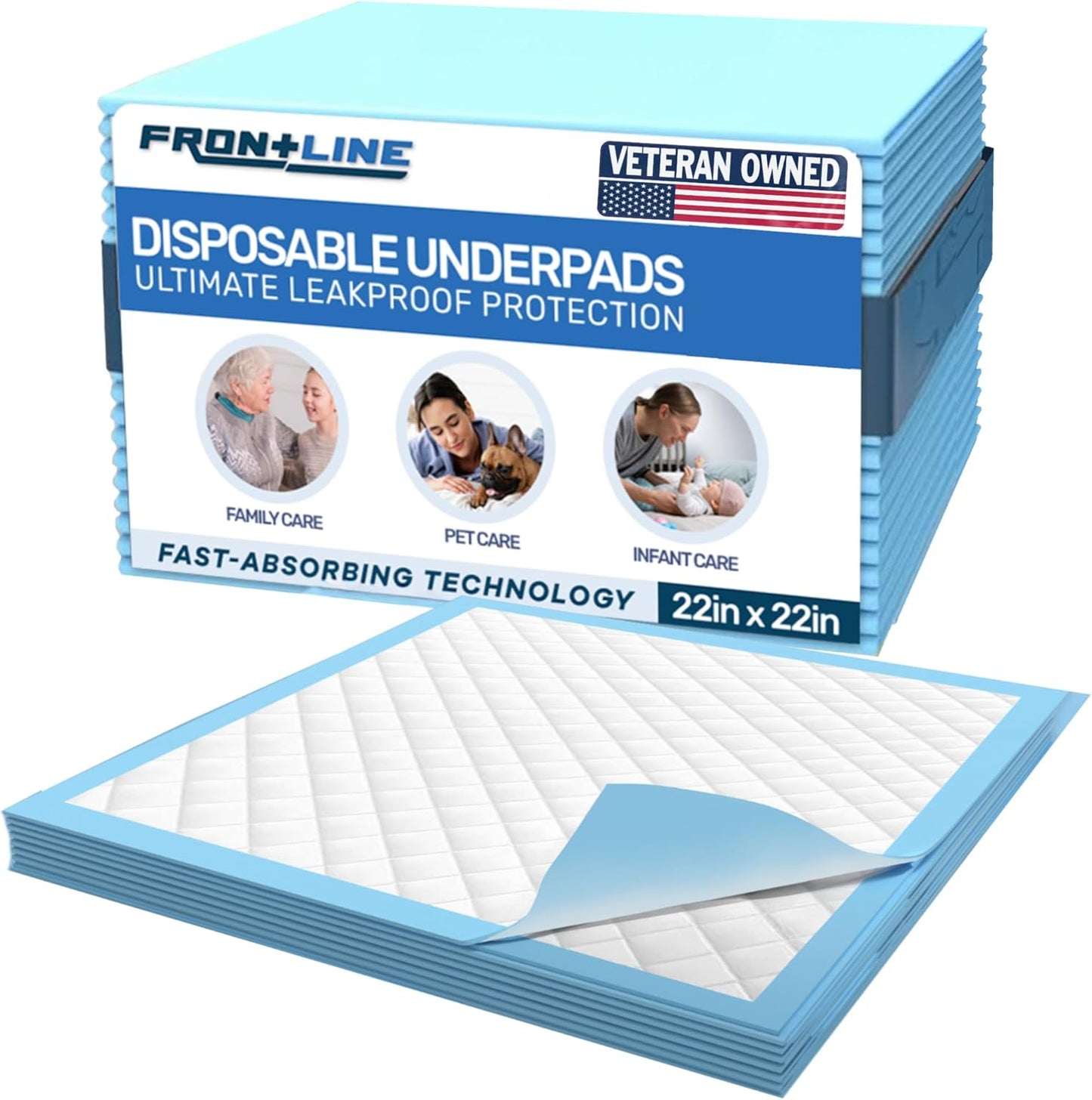 FRONTLINE Disposable Pee Pads 22'' X 22'' Ultra Absorbing Premium Heavy Duty Leakproof Underpads Puppy Essentials Pet Potty Training Wee Wee Pads Waterproof Protection for Dogs, Cats, Baby (320)