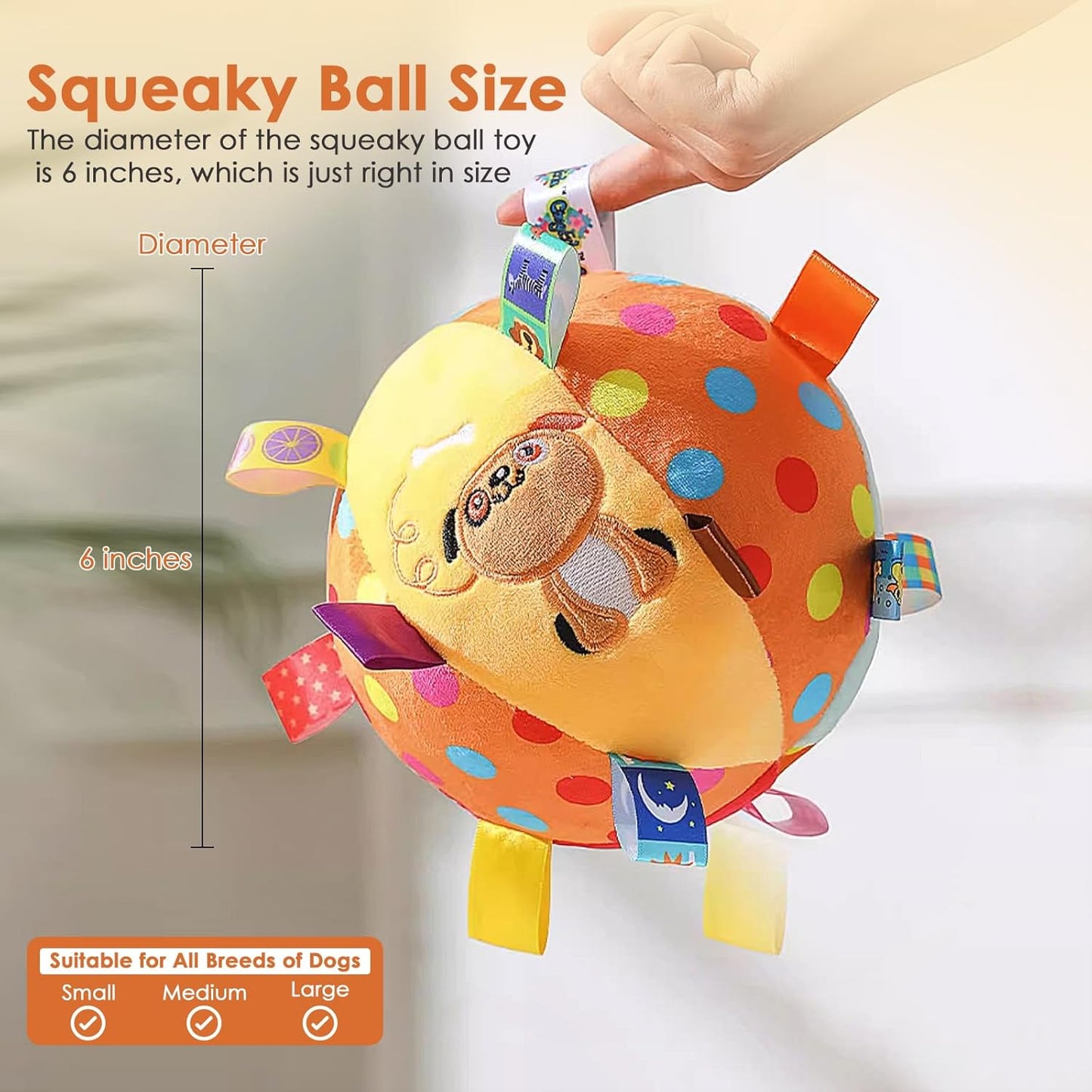 Dog Squeaky Plush Toy with Straps, 6-Inch Soft Stuffed Ball with Cotton Material and Bell Built-in, Pet Interactive Fetch Toy for Small to Large Dog