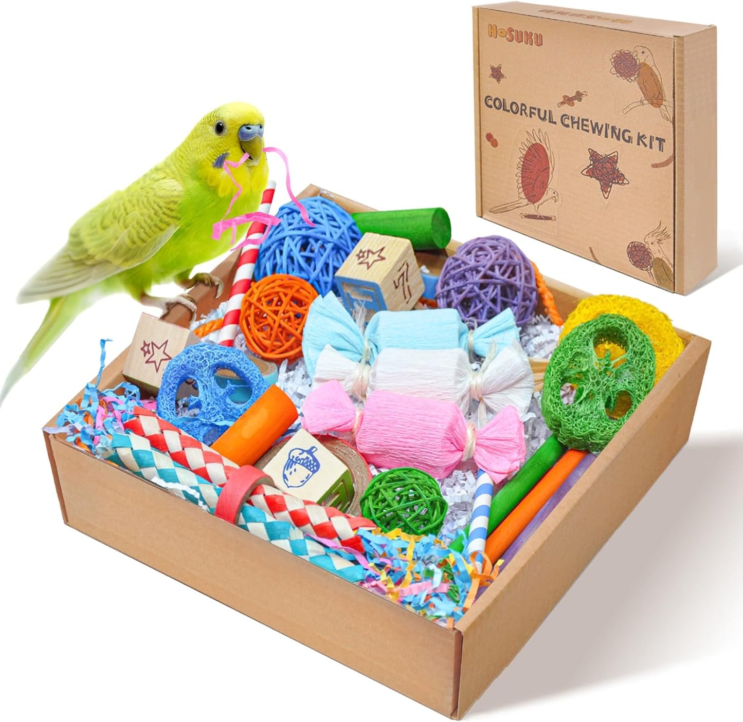 Colorful Bird Foraging & Shredding Toys Box – Safe Bird Toys for Parakeets, Cockatiels, Conures & Small Birds, Perfect for Spring and Summer