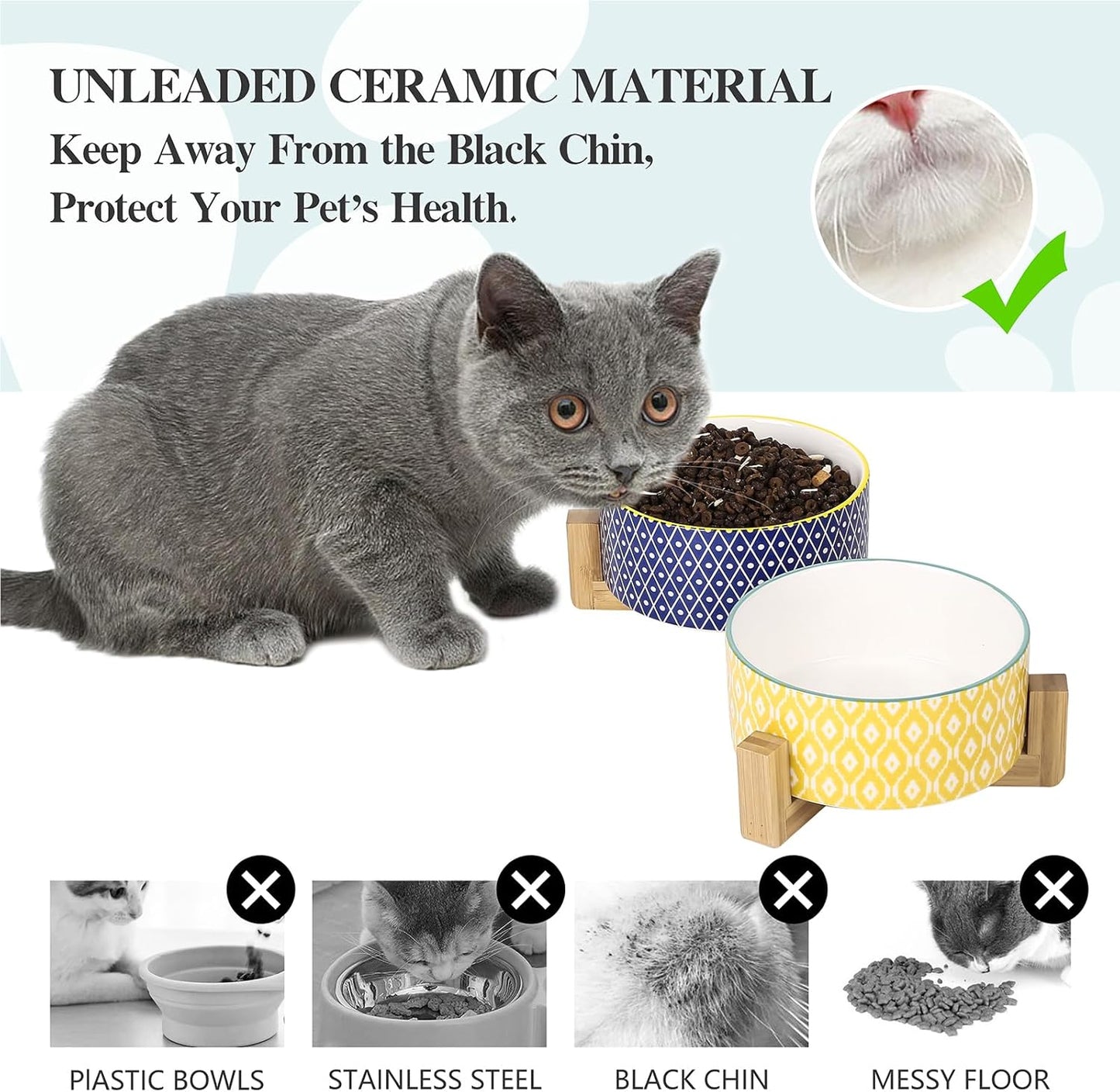 Selamica Ceramic 30 OZ Dog Bowls with Wooden Stand, Anti-Slip Dishes Set for Cats and Small Dogs, Weighted Bowls in Assorted Colors