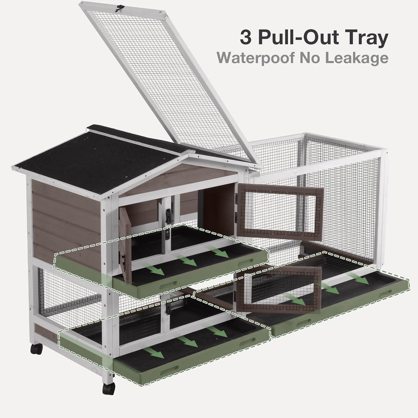 2-Story Indoor Rabbit Hutch with Chew-Proof Outdoor Rabbit Cage with 6 Locking Casters Bunny Cage 2 Pull-Out Trays Guinea Pigs Cage 62" Brown
