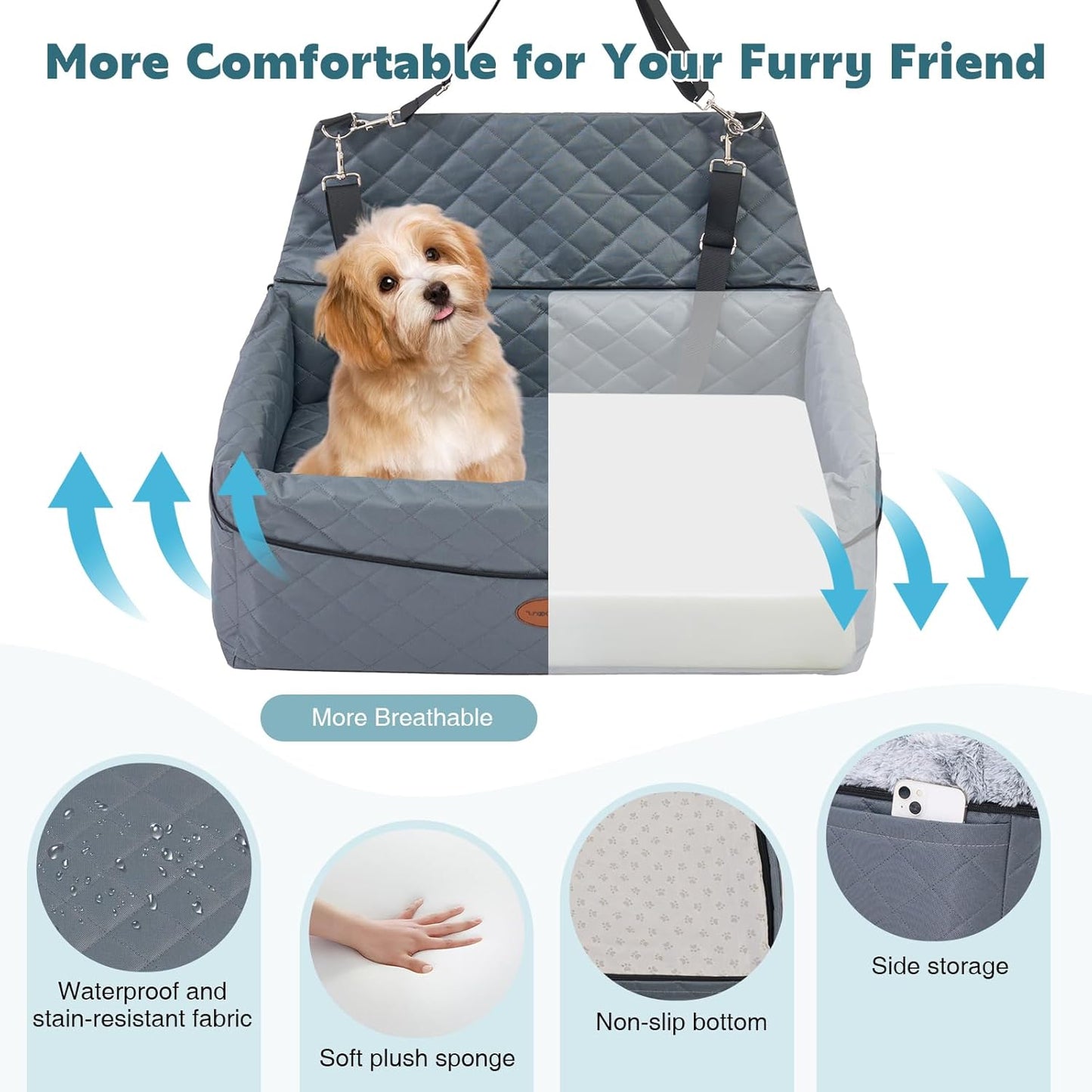 Dog Car Seat for Large/Medium Pet, Anti Slip Bottom Dogs Booster Seat for All Seasons,Pet Travel Bed with Thick Dog Sofa Cushion, Storage Pockets 2 Safety Leashes