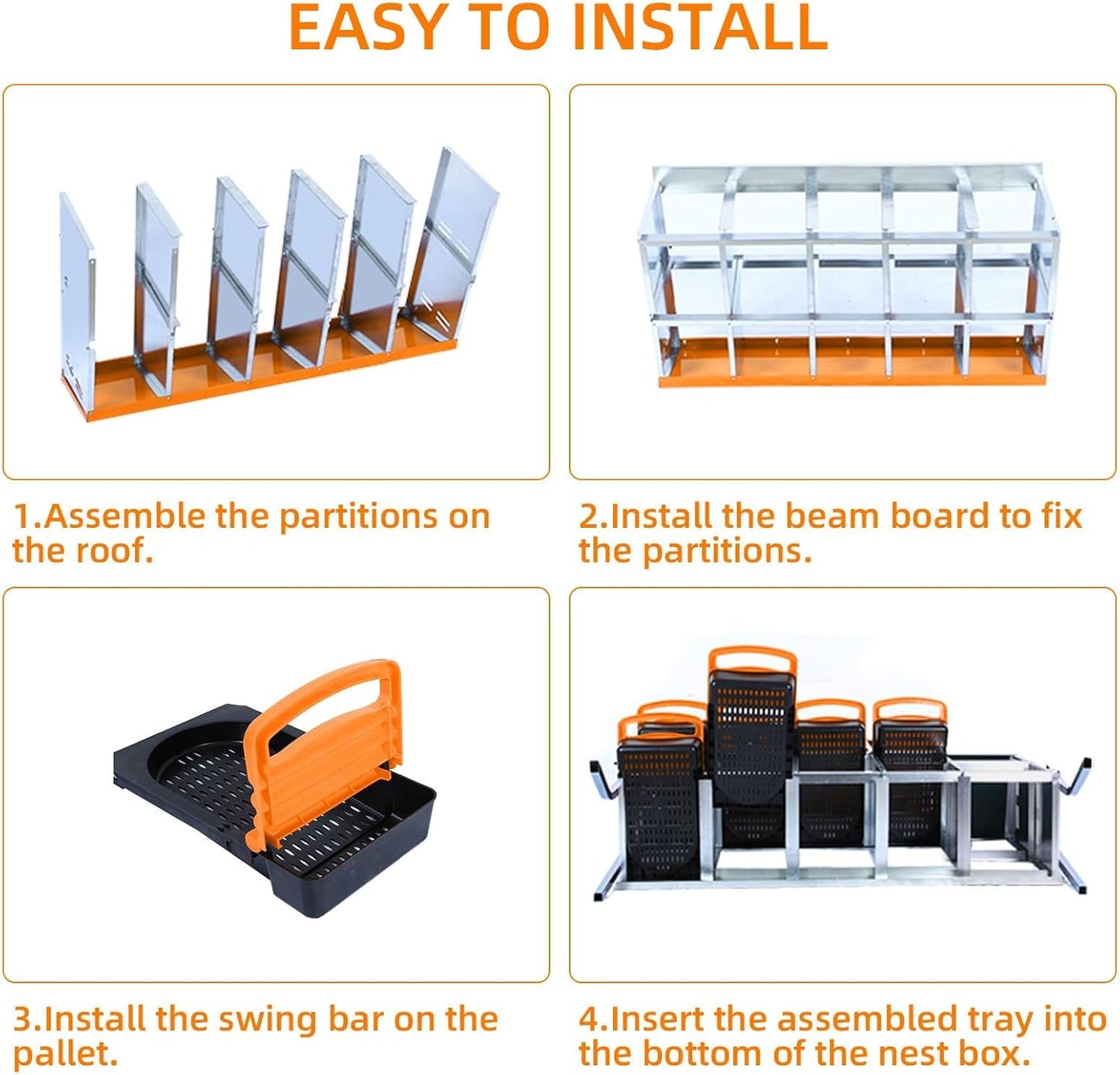 Chicken Nesting Boxes, 10 Hole Metal Chicken Laying Box with with Removable Trays and Roll Out Egg Collection for Chicken Coop, with Metal Bracket, Orange