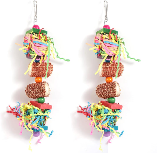 2pcs Bird Toys, Parrot Toys for Parakeets Cockatoos Cockatiels Budgie Conure Macaw Corn Cob Shredding Paper Tearing & Foraging Toy Chewing Hanging Toy Cage Accessories for Small & Medium Birds Pet