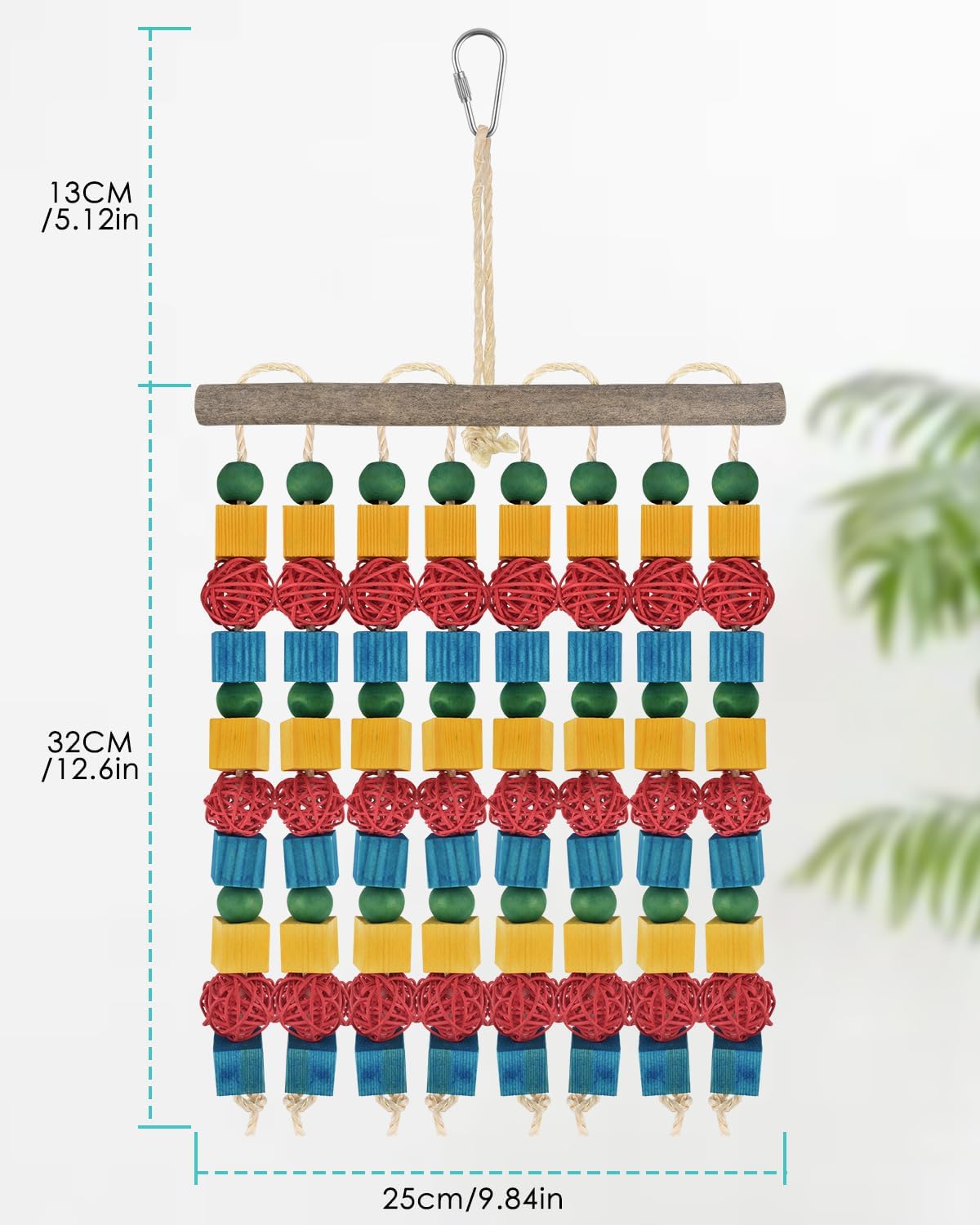 Large Parrot Toys, 17.7 inch Multicolored Natural Wooden Blocks Beads Rattan Balls, Bird Chew and Hanging Tearing Toys for Large Medium Birds Macaws African Grey Cockatoos Amazon Parrots