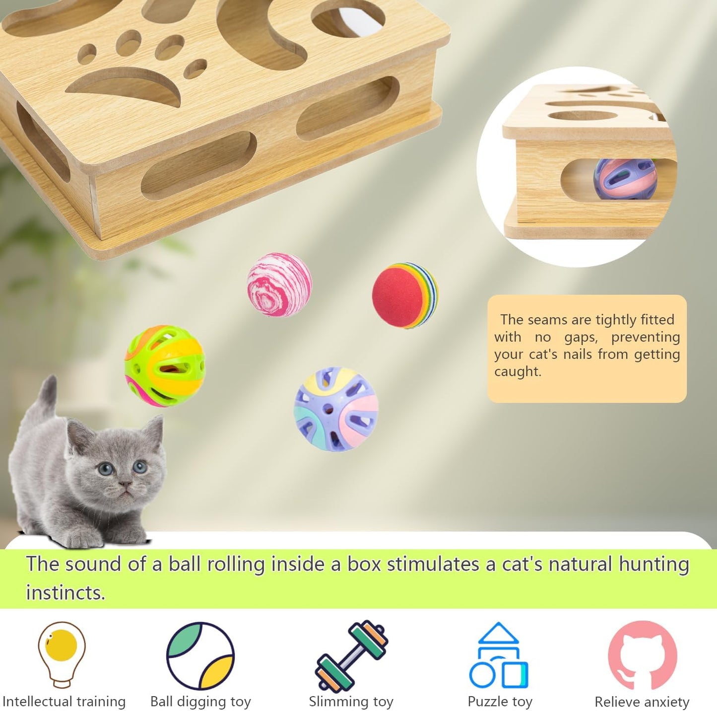 Interactive Wooden Cat Puzzle Toy Box Indoor Hunting Play Toy to Stimulate Your Cat’s Energy and Instincts (Burlywood)