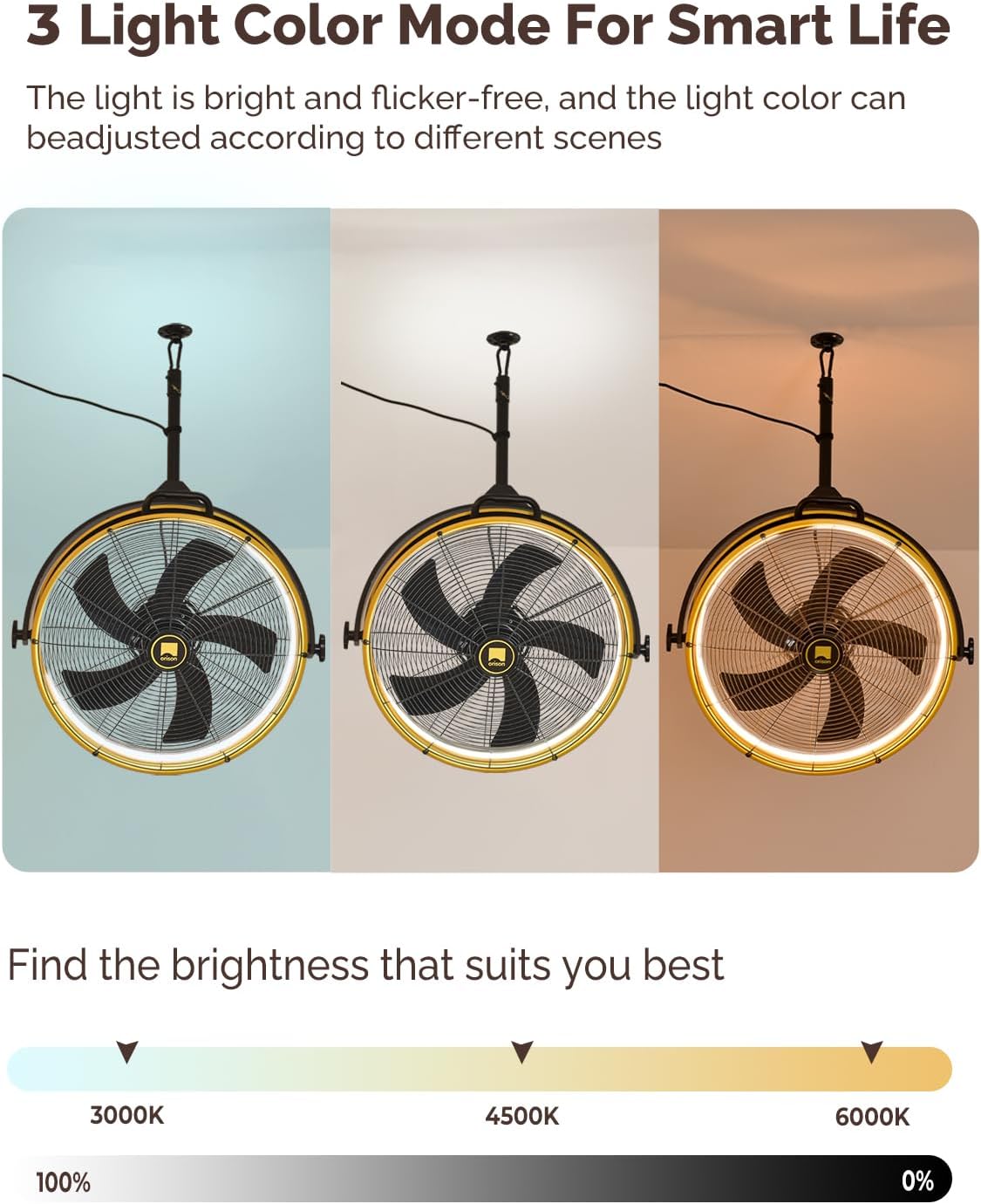 Orison 24.8'' Outdoor/Indoor Garage Ceiling Fan, 6 Speed Ceiling Mounted Plug-In Cord Garage Fan with Remote&APP, Manual Vertical Rotation, Hook hanging for Gazebo, Patio, Yellow&Black