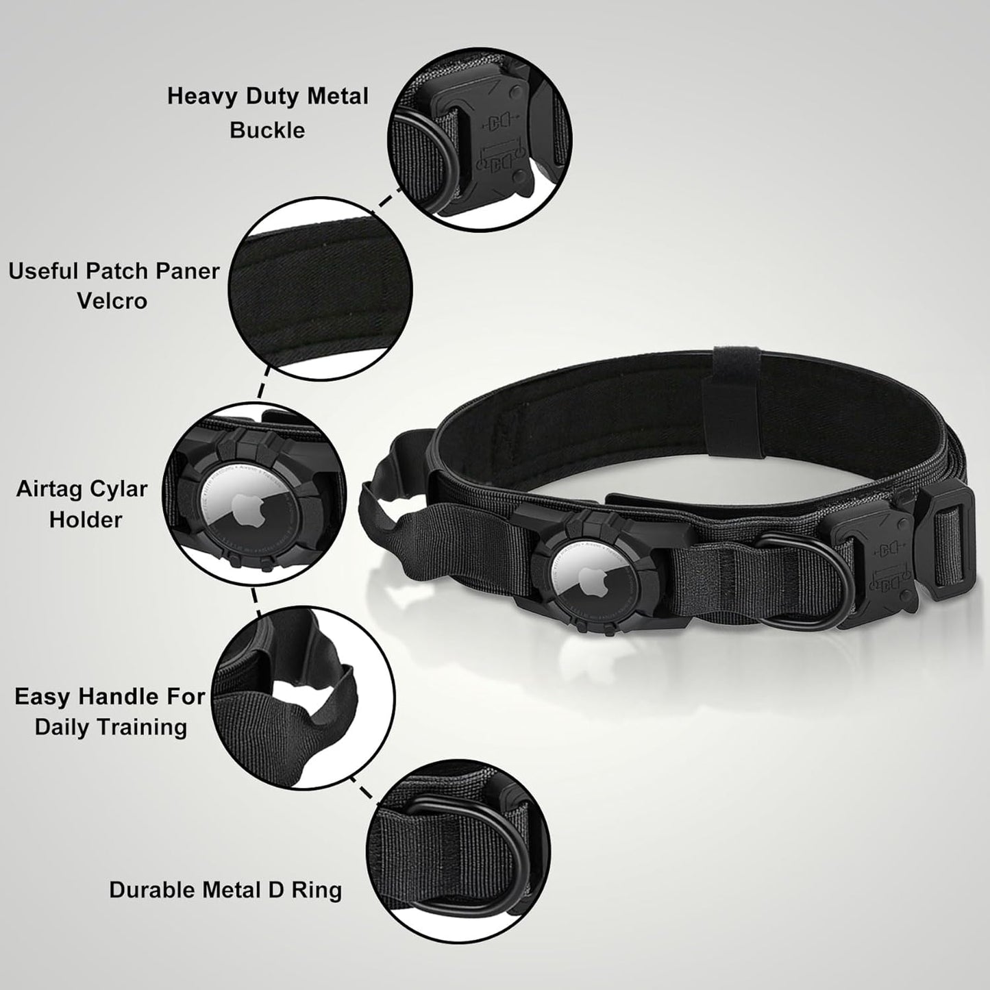 Tactical AirTag Dog Collar - Heavy Duty, Adjustable GPS Collar Compatible with Apple AirTag, with Holder & Control Handle for Medium/Large Dogs [ Black, XL ]
