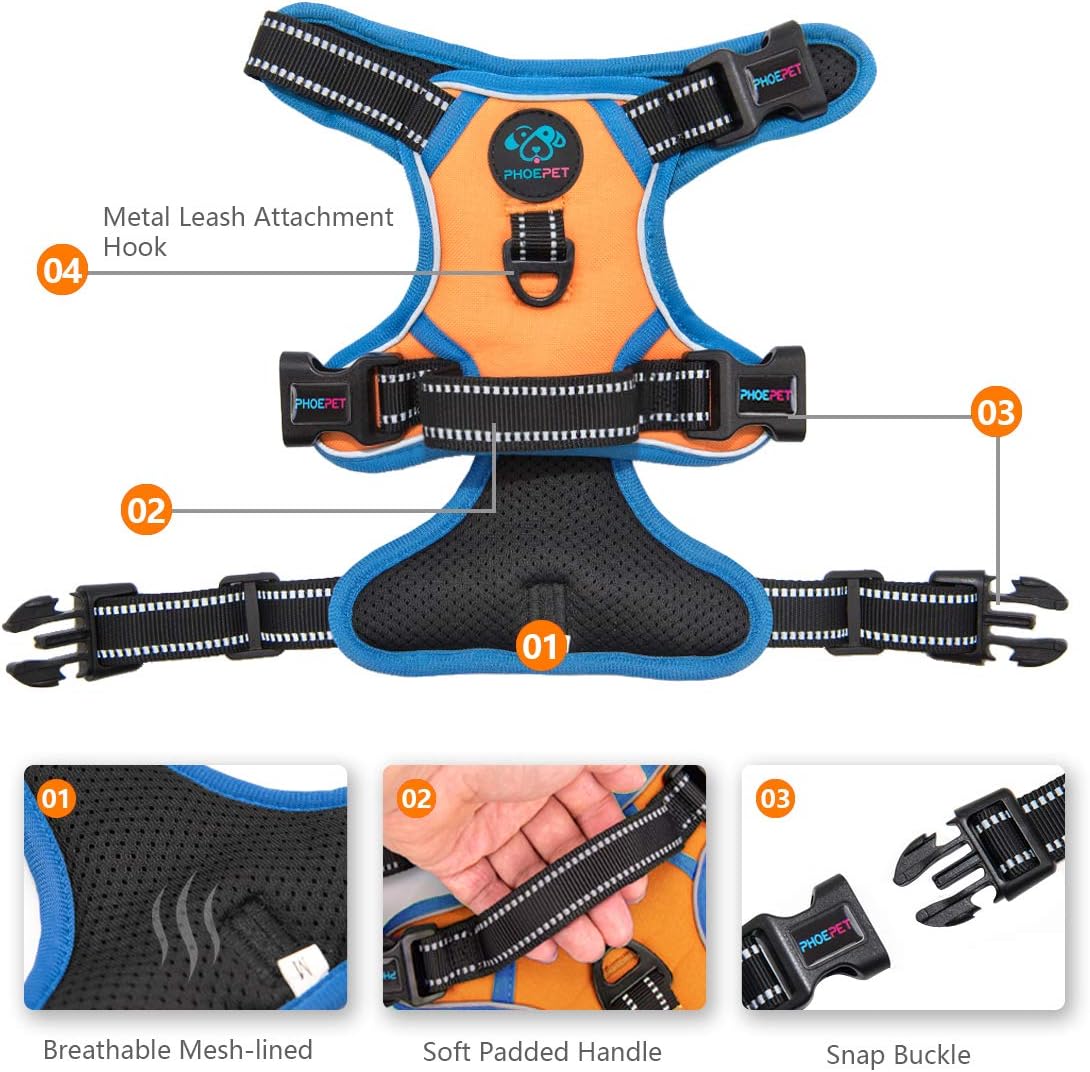 PHOEPET 2019 No Pull Dog Harness Medium Reflective Front Clip Vest with Handle,Adjustable 2 Metal Rings 3 Buckles,[Easy to Put on & Take Off](M, Orange)