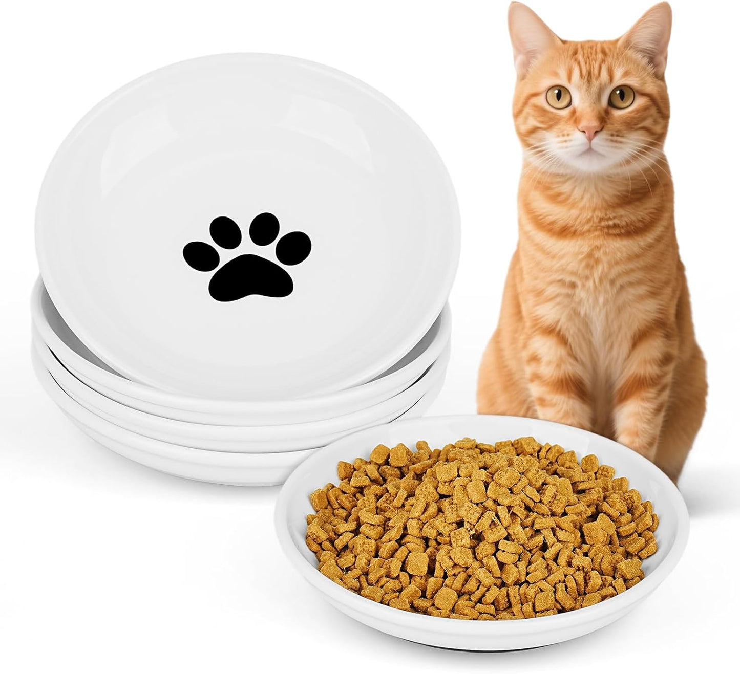 Ceramic Cat Food Bowls - 4 Pack Shallow Plates for Wet Food, Whisker-Friendly Feeding Dish with Non-Slip Silicone Base, Microwave & Dishwasher Safe for Indoor Cats & Kittens
