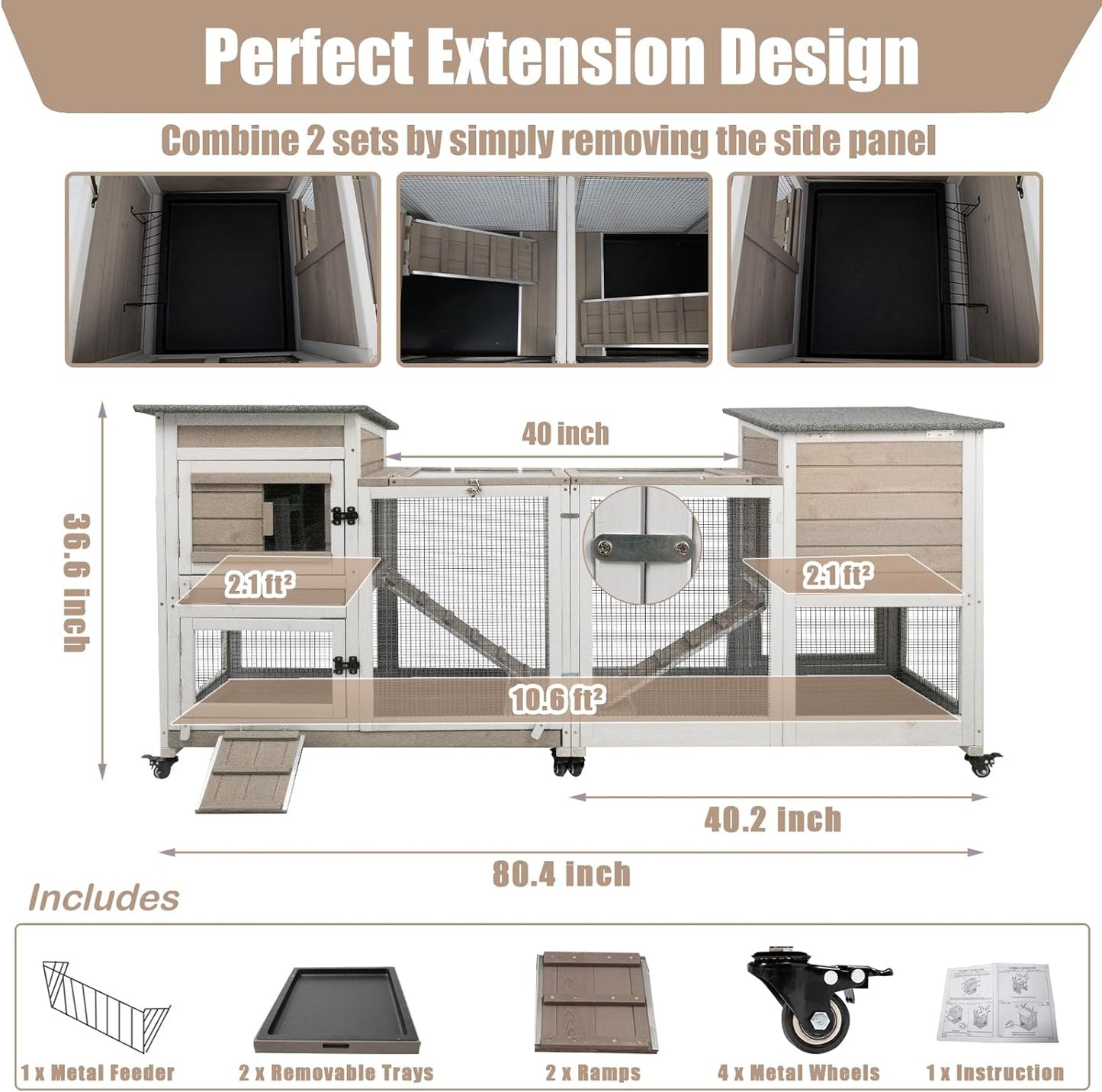 Rabbit Hutch Indoor 40" L Large 2 Story Outdoor Wooden Bunny Hutch with Run, 4 Metal Wheels & 2 Deeper Trays, UV-Proof Panel Rabbit Cage Guinea Pig Pet House for Small-Medium Animals