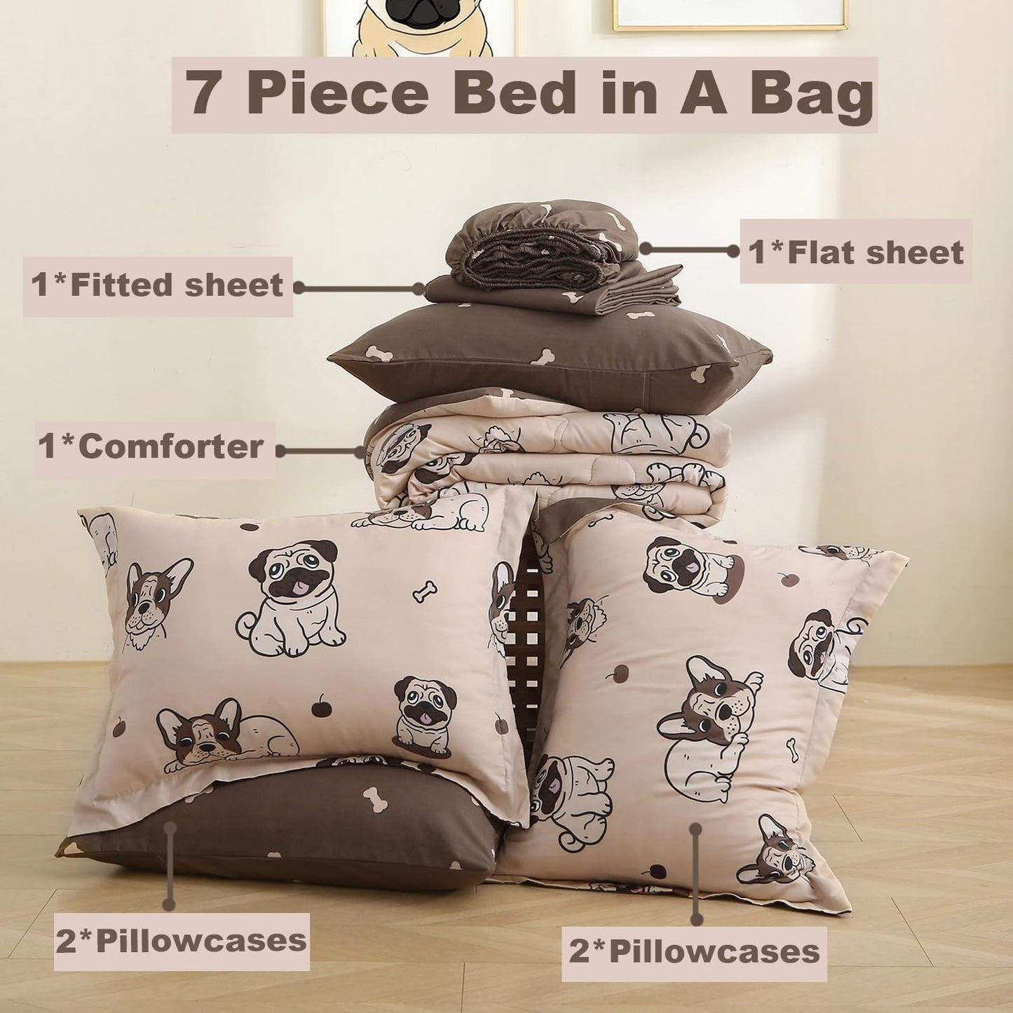 Kids Comforter Set 7 Piece Bedding Cute Dog Cartoon Animal Bed Microfiber Comforter Full Size All Season (1 Comforter, 1 Flat Sheet, 1 Fitted Sheet, 4 Pillowcase)