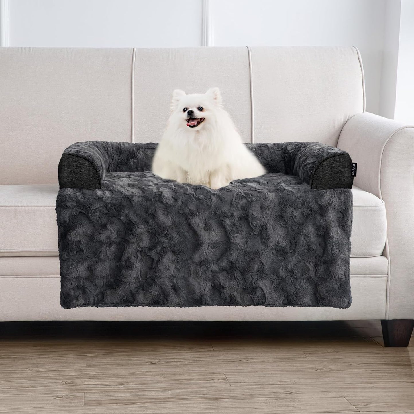 Calming Medium Dog Bed for Couch, 35 x 31 inch Removable Couch Cover for Dogs Washable, Non-Slip Fluffy Plush Dog Sofa Mat for Furniture Protector - Dark Grey