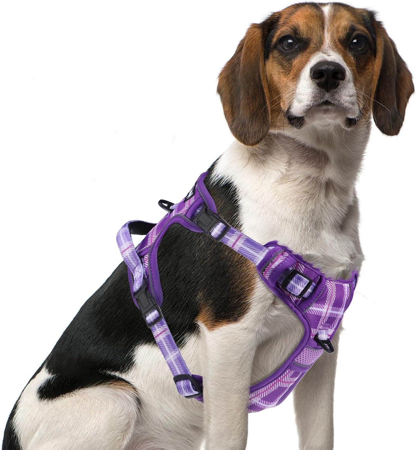 PUPTECK No Pull Dog Harness Medium Sized, Adjustable Reflective Dog Harness with Handle Easy Control, Comfortable Soft Padded Pet Vest Harness for Medium Dogs, Plaid Purple M