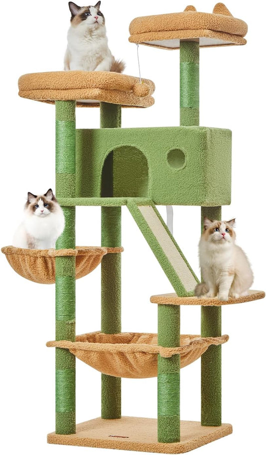 Taoqimiao Cactus Cat Tree, 57.5-Inch Cat Tower for Indoor Cats Large Adult, Extra Large Cat Condo, 8 Sisal Scratching Posts, Metal Frame Cozy Hammock, Durable Scratch Board, 2 Top Perches, MSC026
