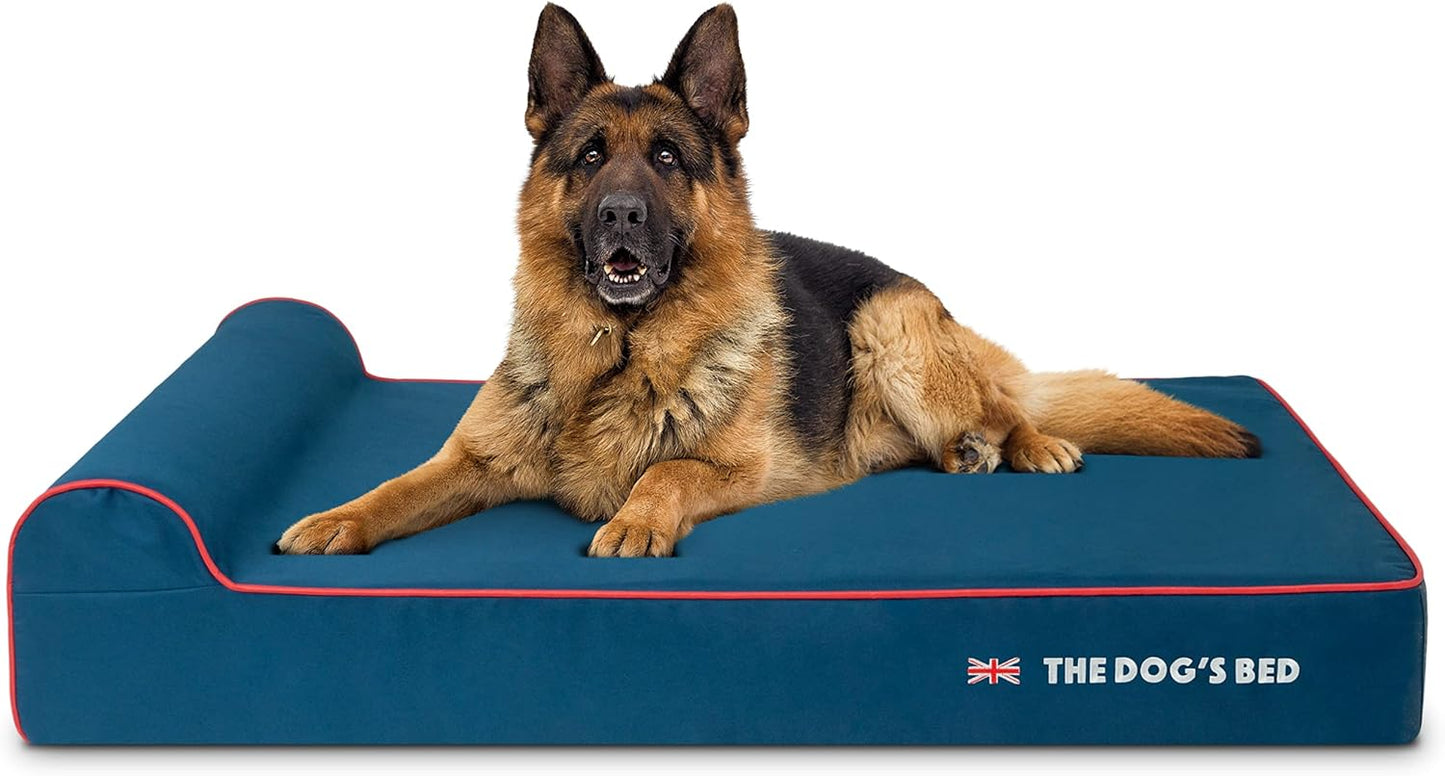 The Dog’s Bed Orthopedic Headrest Dog Bed XL Blue Oxford with Red Trim UK Flag Dog Bed 46x28, Memory Foam, Hip & Elbow Dysplasia, Post Surgery, Veterinary Approved, Waterproof Washable Cover