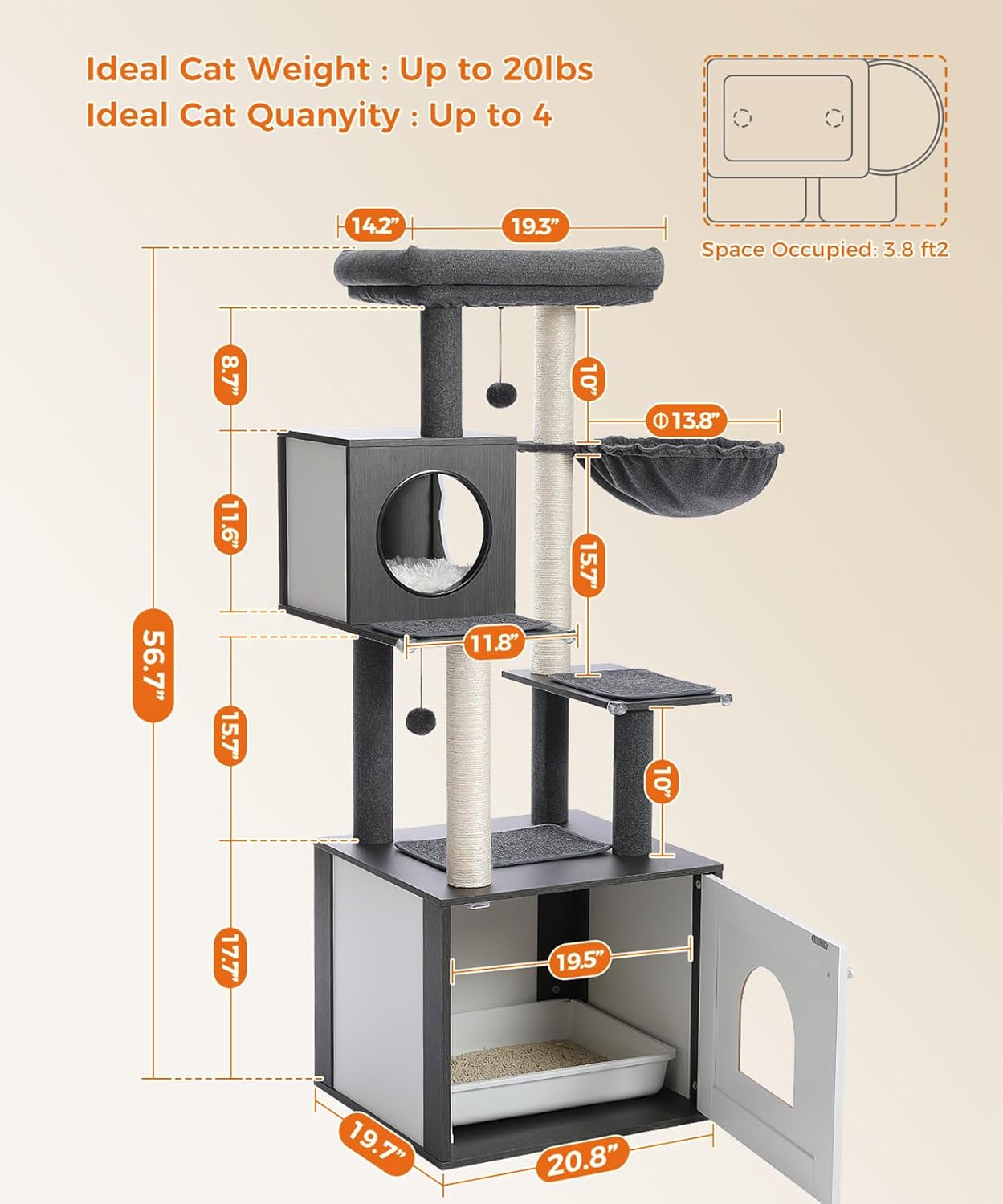 Tall Cat Tree with Litter Box Enclosure 56.7" Wooden Cat Tower for Large Cats with Cat Hammock House Bed (Wood Black)