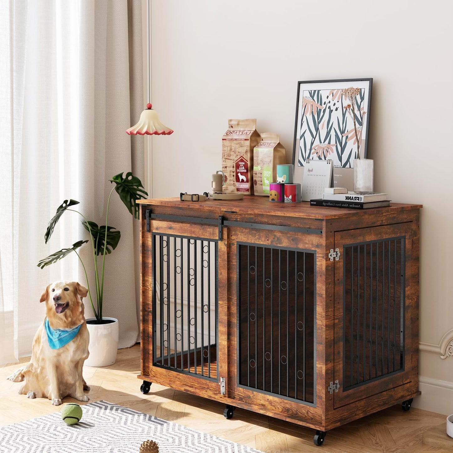 IchbinGo Large Dog Crate Furniture, 47" Wooden Dog Kennel with Sliding Barn Door, Flip-Top Lid & Wheels, Indoor Pet Crate Table with Detachable Divider for Small/Medium/Large Dogs (Rustic Brown)