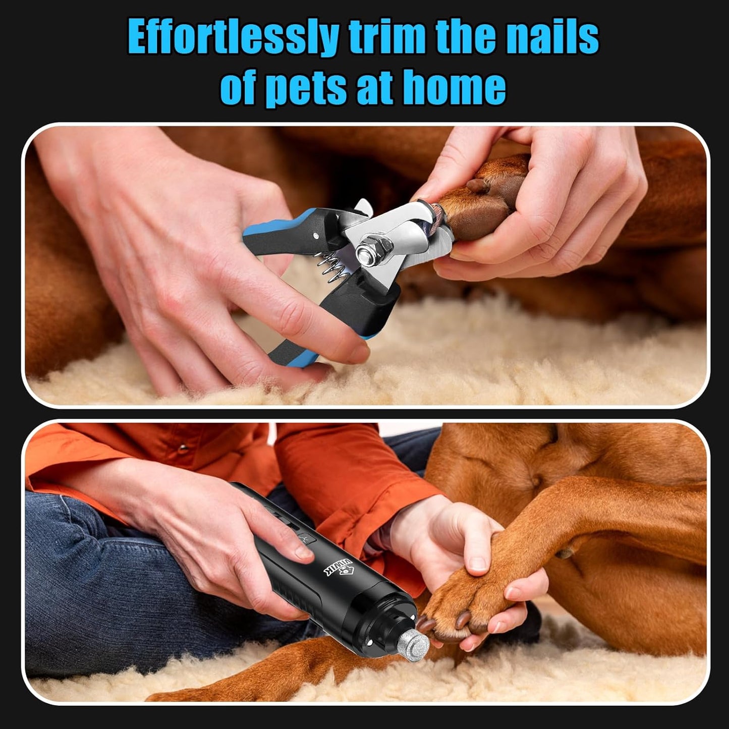 VIWIK Dog Nail Grinder, Dog Nail Trimmers for Large Medium Small Dogs & Cats, Super Quiet Electric Pet Nail Clippers Kit with Light, 2-Speed USB Rechargeable Pet Paws Grooming Tool Black