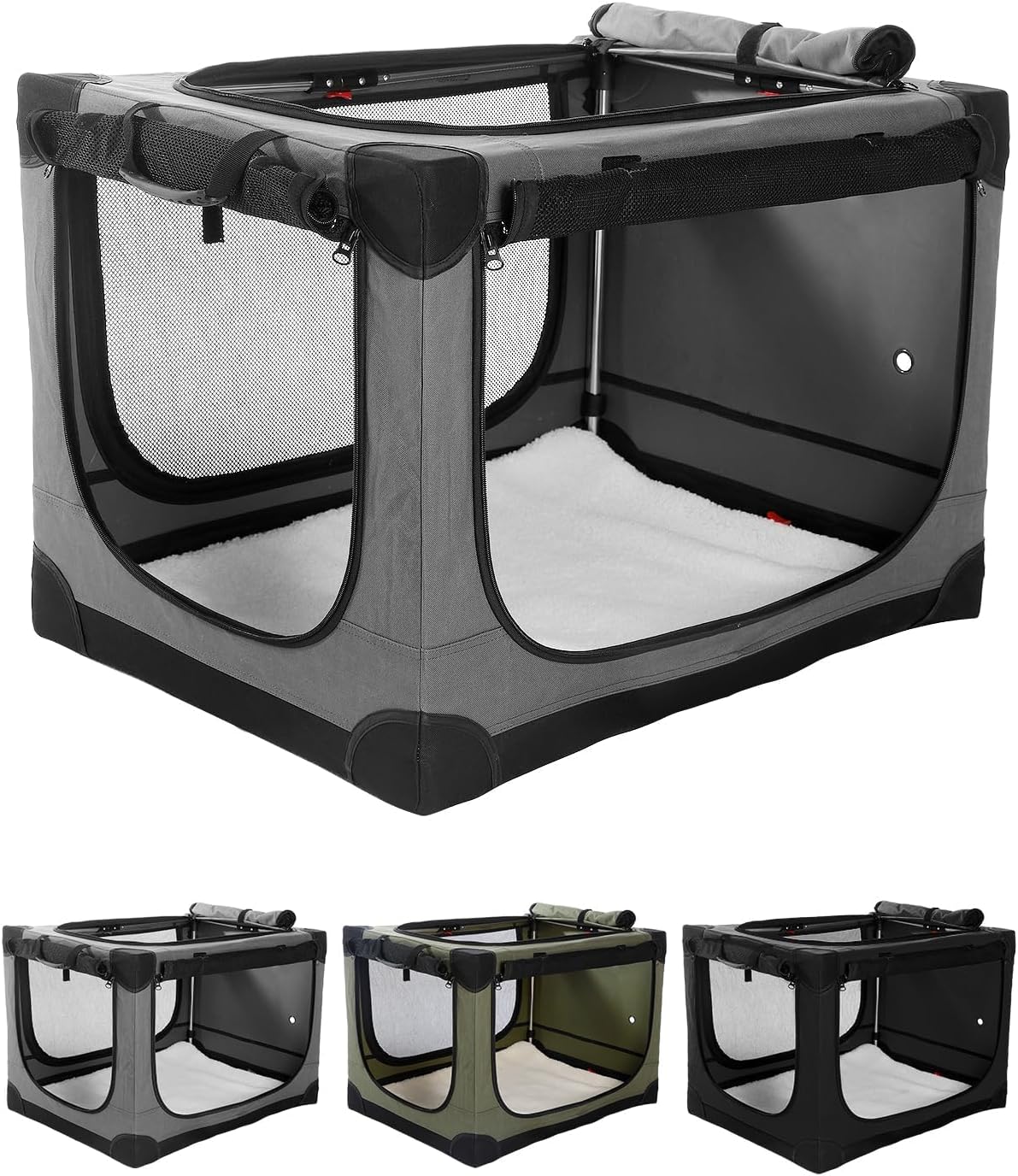 42 Inch Collapsible Travel Dog Crate for Medium Large Dogs, Portable Dog Crate 4-Door Foldable Soft Kennel with Durable Mesh Windows for Indoor & Outdoor Travel, with Storage Bag,Grey