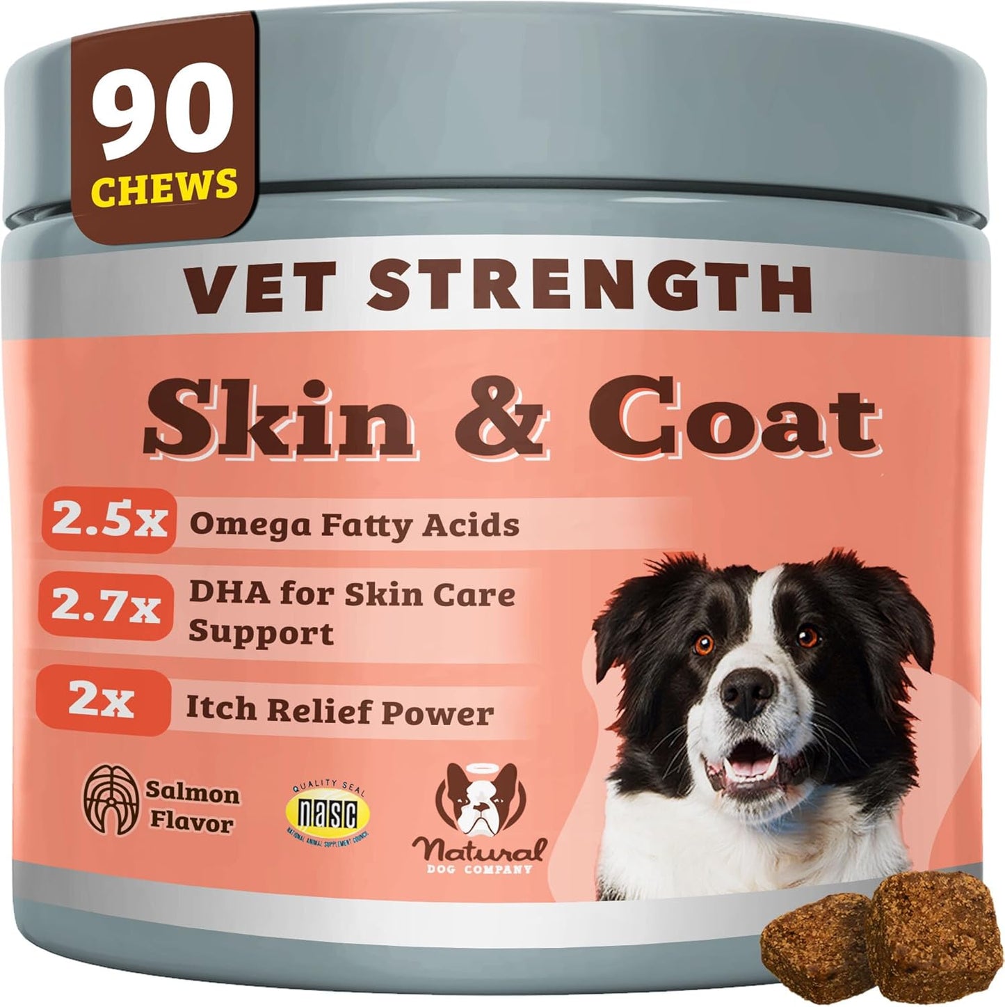 Natural Dog Company Omega Skin & Coat Chews, Vet Strength Supplement, Itchy Skin Relief, Moisture Balance & Coat Hydration, Biotin & Vitamin E, Dry Skin Care, Vet-Recommended, USA Made, 90 Ct