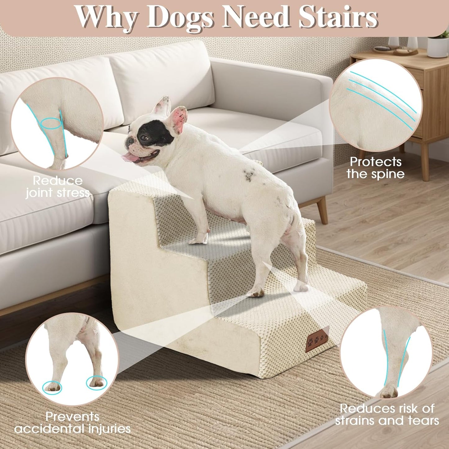 GGIB Dog Stairs for Small Dogs Pet Stairs for Sofa Couch Dog Ramp Pet Steps with Removable Washable Cover, Beige, 13" H, 3-Step