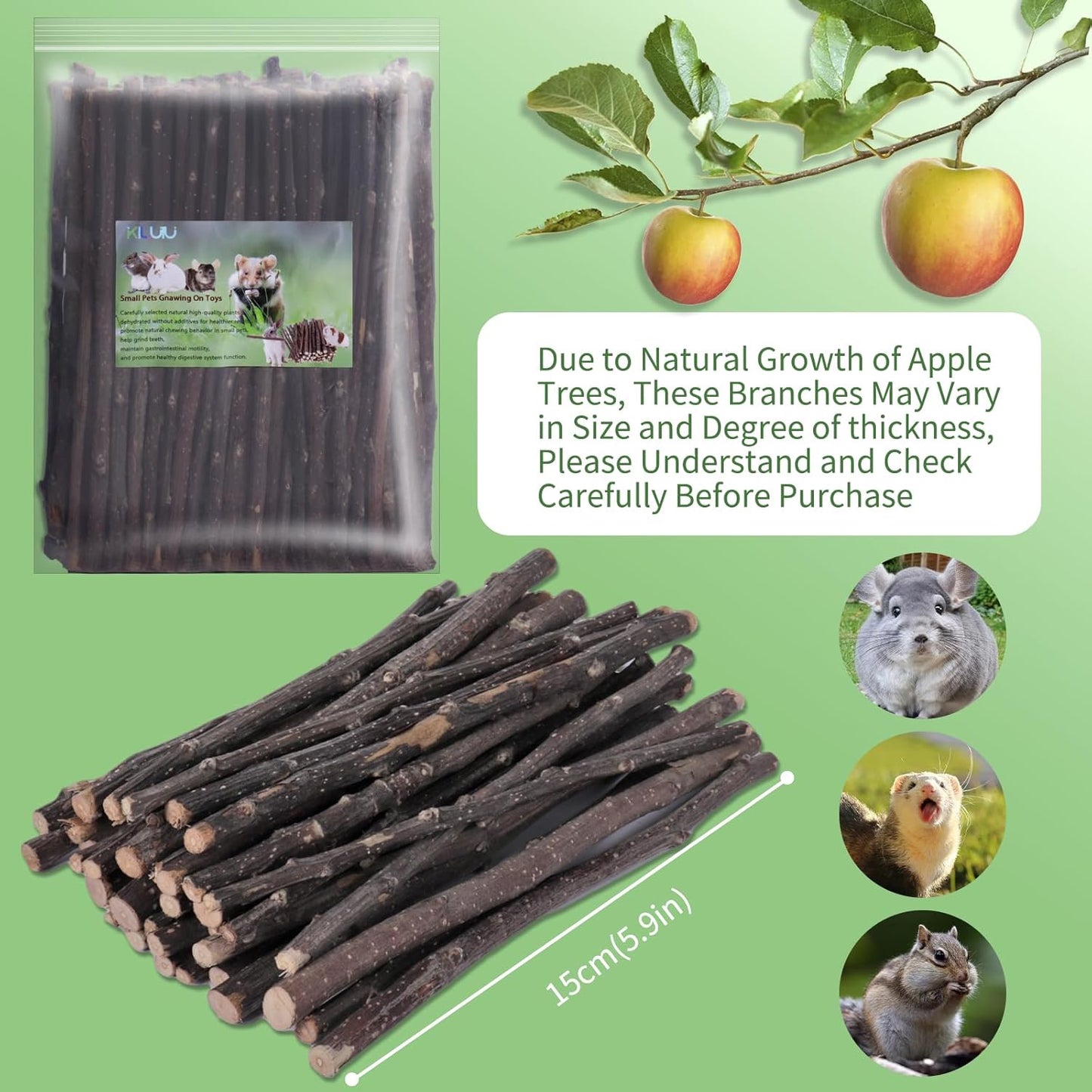 Natural Apple Wood Chew Sticks 300g (10.5oz) for Rabbits, Hamsters, Chinchillas, Guinea Pigs - Small Animal Dental Toys, Safe Untreated Teeth Grinding & Boredom Relief, Rodent Molar Health (120g)