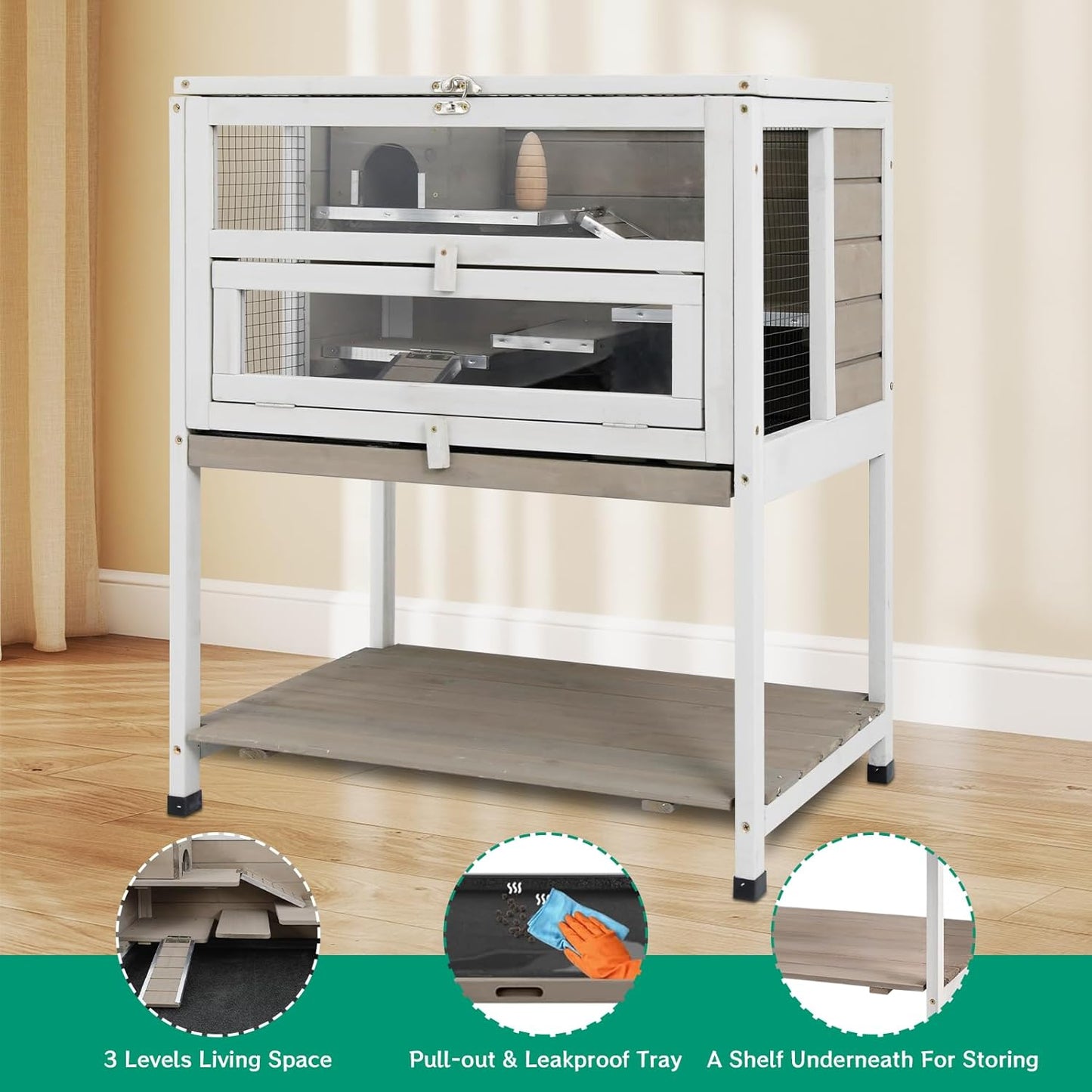 PetsCosset Guinea Pig Cages Hamster Cage Indoor with Stand Storage Wooden Outdoor Small Animals Habitat with Hideout House Pull Out Tray