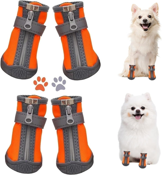 Dog Shoes for Small Dogs, Puppy Dog Boots & Paw Protector for Winter Snow Day, Summer Hot Pavement, Waterproof in Rain Weather, Ourdoor Hiking, Indoor Hardfloors with Anti Slip Sole 4PCS/Set