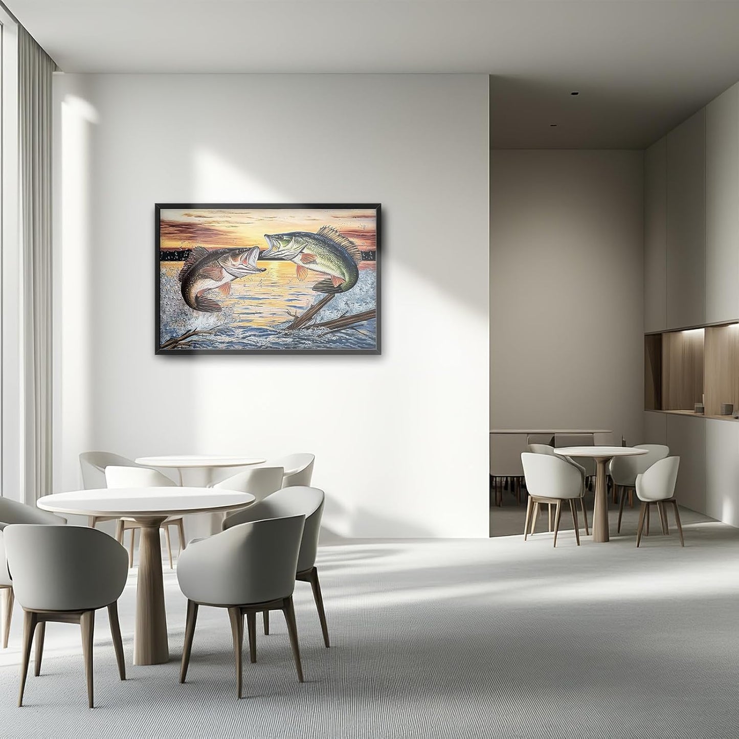 Large Fish Wall Art for Living Room, Framed Bass Fishing Wall Decor, Oversized Rustic Sunset Lake Canvas Painting Fish Pictures Modern Artwork Home Decoration for Living Room Bedroom Office 36"x24"