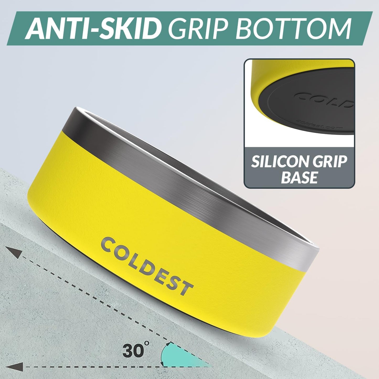 Coldest Dog Bowl - Anti Rust Metal, Non Slip, 3 Layers Insulated Stainless Steel Dog Bowls - Spill Proof & Heavy Duty - Water Bowl for Dogs, Cats & Pets, Dish Washer Safe (64 oz, Solar Yellow)