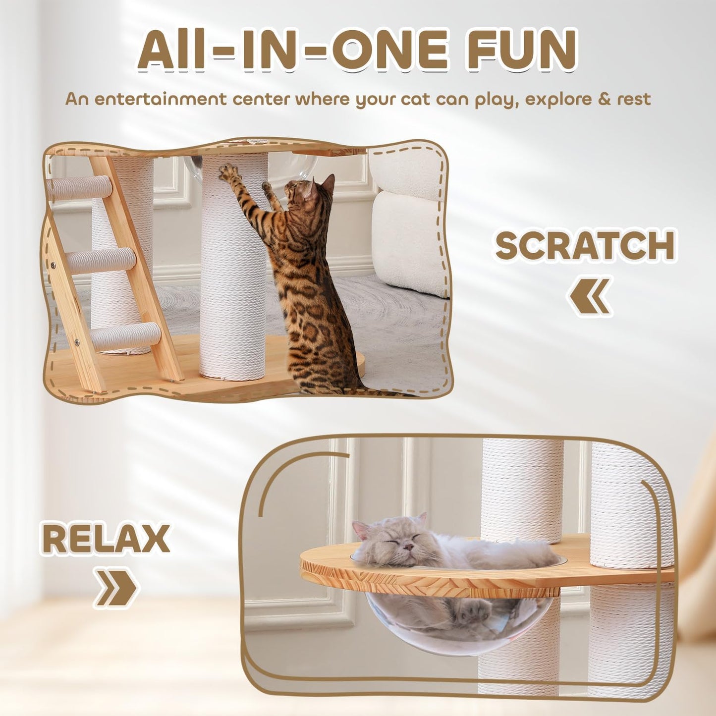 63'' Tall Modern Cat Tree for Indoor Cats, Luxury Cat Tree, Multi-Level Wood Climb Tower for Large Cat, Heavy Duty Kitty House with Transparent Bowl, Large Perches with Removable Cushion