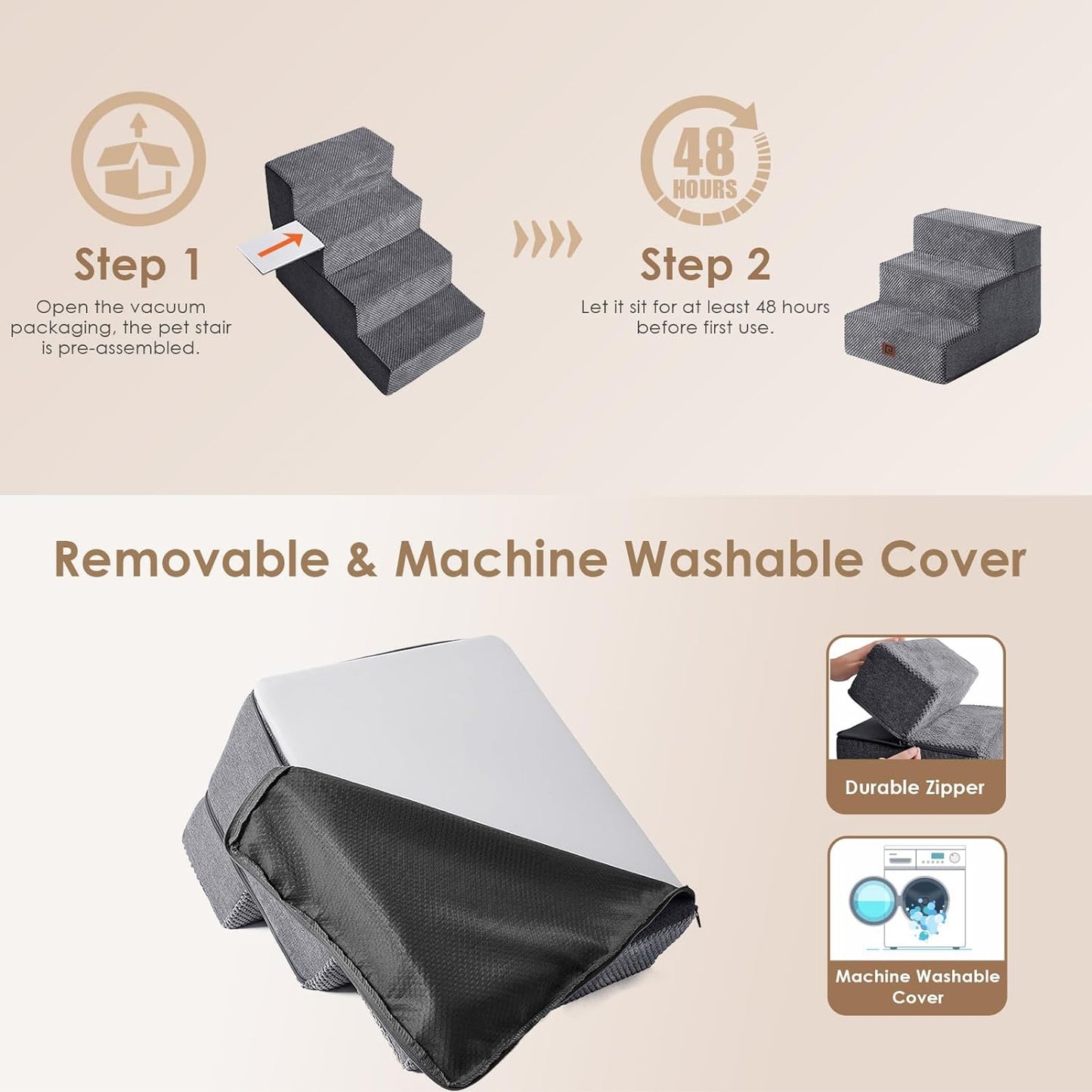 EHEYCIGA Dog Stairs for Small Dogs 13.5" H, 3-Step Dog Steps for Couch Sofa and Chair, Pet Steps for Medium Cats, Non-Slip Balanced Pet Ramp Indoor, Grey