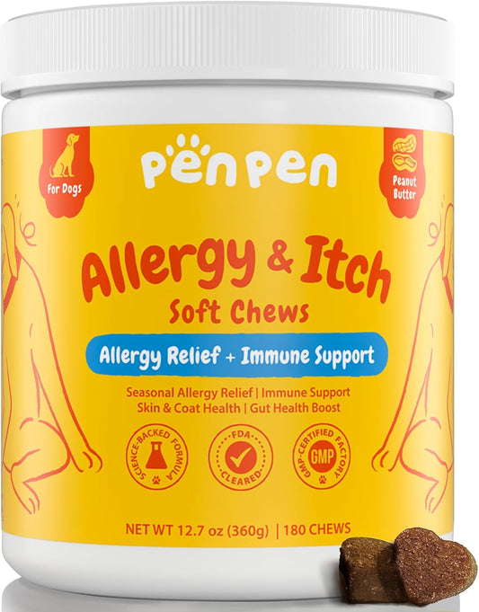PENPENPET Dog Allergy Relief Chews, Dog Itching Skin Relief, Omega 3 for Dogs Itch Supplement, Relieve Seasonal Allergy, Provide Immune Support (Peanut Butter Chews, 180ct)