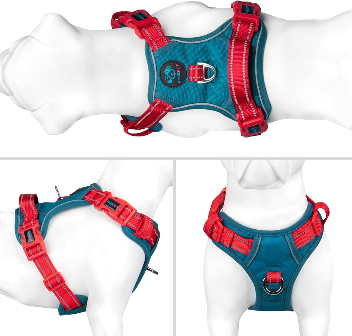 PHOEPET No Pull Dog Harness, Unique Colors Reflective Adjustable Dog Vest, with Soft Training Handle Metal Clips for Small Medium Large Dogs (Teal Base & Red Straps,XL)
