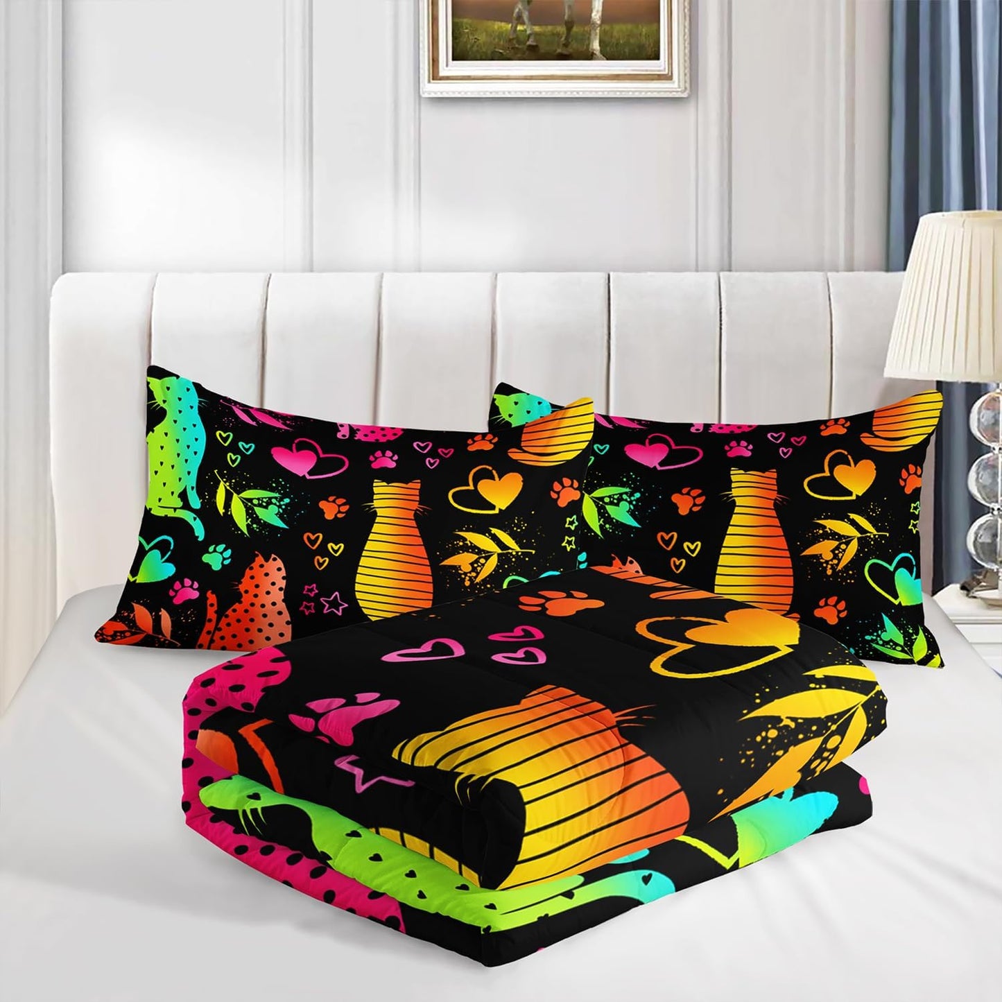 Kawaii Cat Animal Comforter 3Pcs Queen Lovely Pet Cat Bedding Set for Kid Teen Girl Boy Adult Room Decor Cartoon Kitten Paw Heart Bamboo Leaf Pattern Quilt with 1 Comforter and 2 Pillowcases