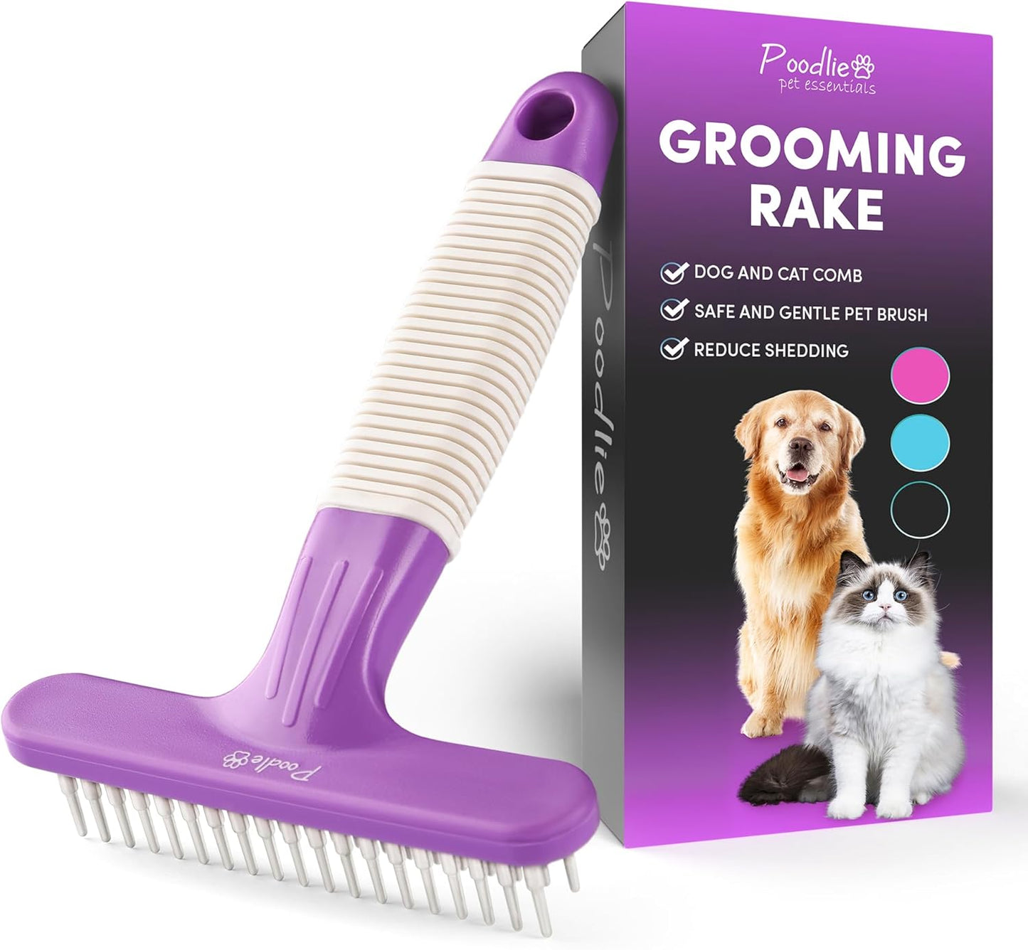 POODLIE Poodle Pet Dog Grooming Rake| Dematting Tool with Stainless Steel Shedding Comb for Pets | 2 Rows of Pins Gently Remove Loose or Tangled Hair from Undercoat | Purple Handle