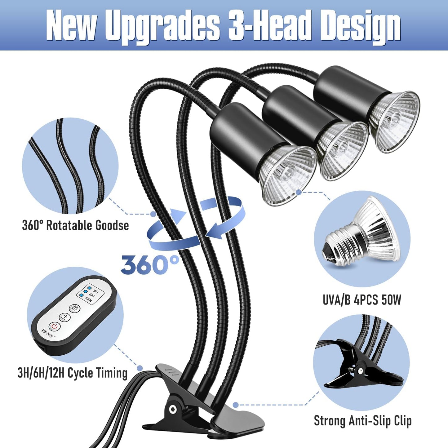 Reptile Heat Lamp, Three Head Reptile Light with Cycle Timer,UVA UVB Light, dimmable Basking lamp for Tortoise, Bearded Dragon, Lizard, Snake, E26/27 Base with 4 Bulbs (50W)-Black